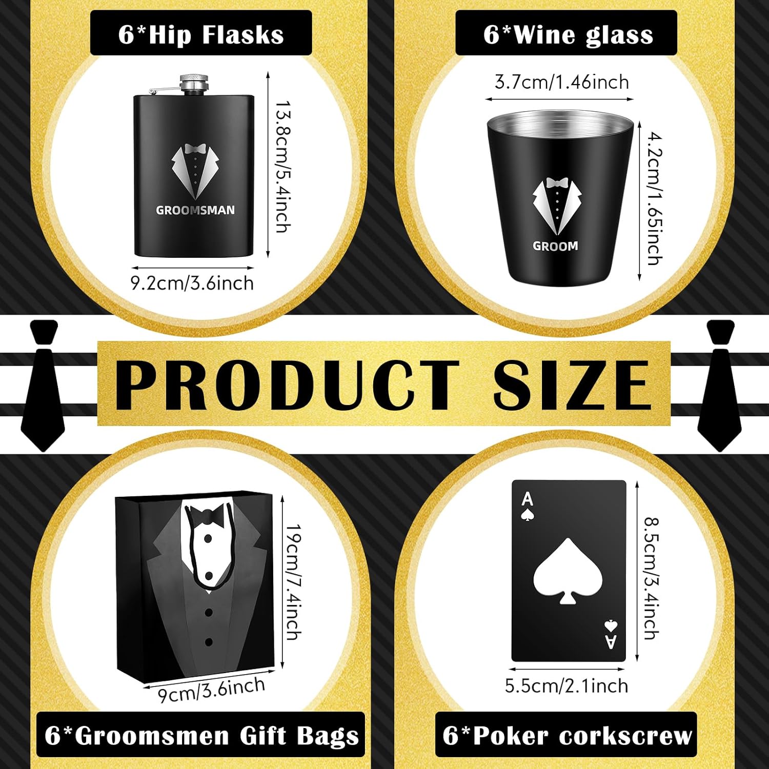 Set of 6 Groomsmen Gifts, 6 Pcs 8oz Stainless Steel Tuxedo Flask 6 Pcs Groomsmen Gauge Glasses with 6 Pcs Poker Bottle Cap Opener 6 Pcs 7.5 x 3.5 Inch Groomsmen Gift Bags for Wedding Bachelor Party