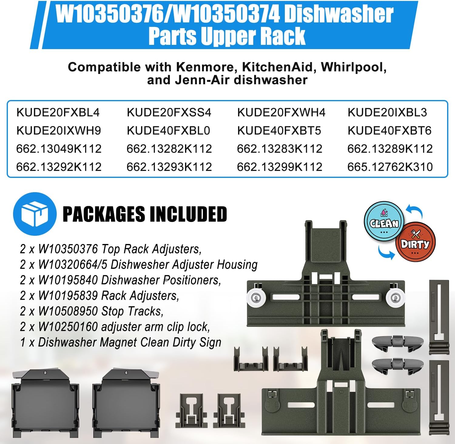 (12PCS) Upgraded W10350376 W10350374 Dishwasher Top Rack Parts & W10320664 W10320665 Dishwasher Adjuster Housing for Kenmore/Kitchenaid Dishwasher Upper Rack Parts W10195840,KUDE20FXSS4 Rack Adjuster
