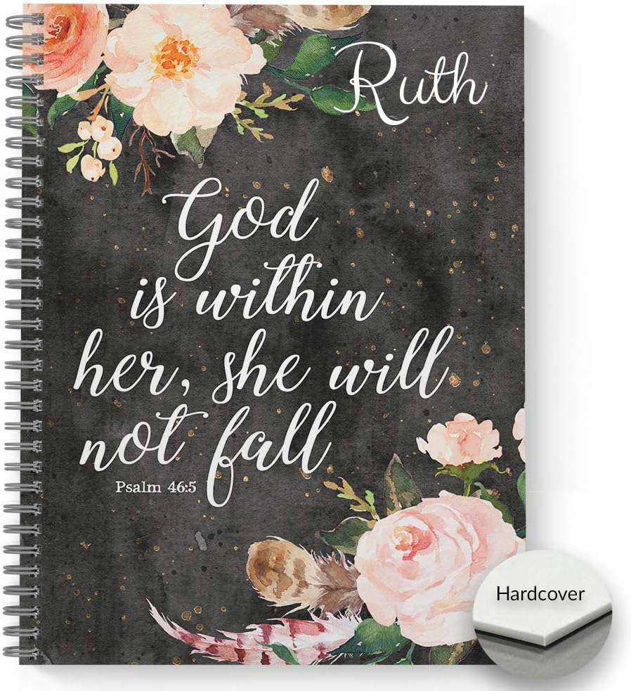 HARDCOVER She Will Not Fall Personalized Religious Notebook/Journal, Satin Matte Finish, 120 pages of your selected paper, lay flat wire-o spiral. Size: 8.5” x 11”. Made in the USA