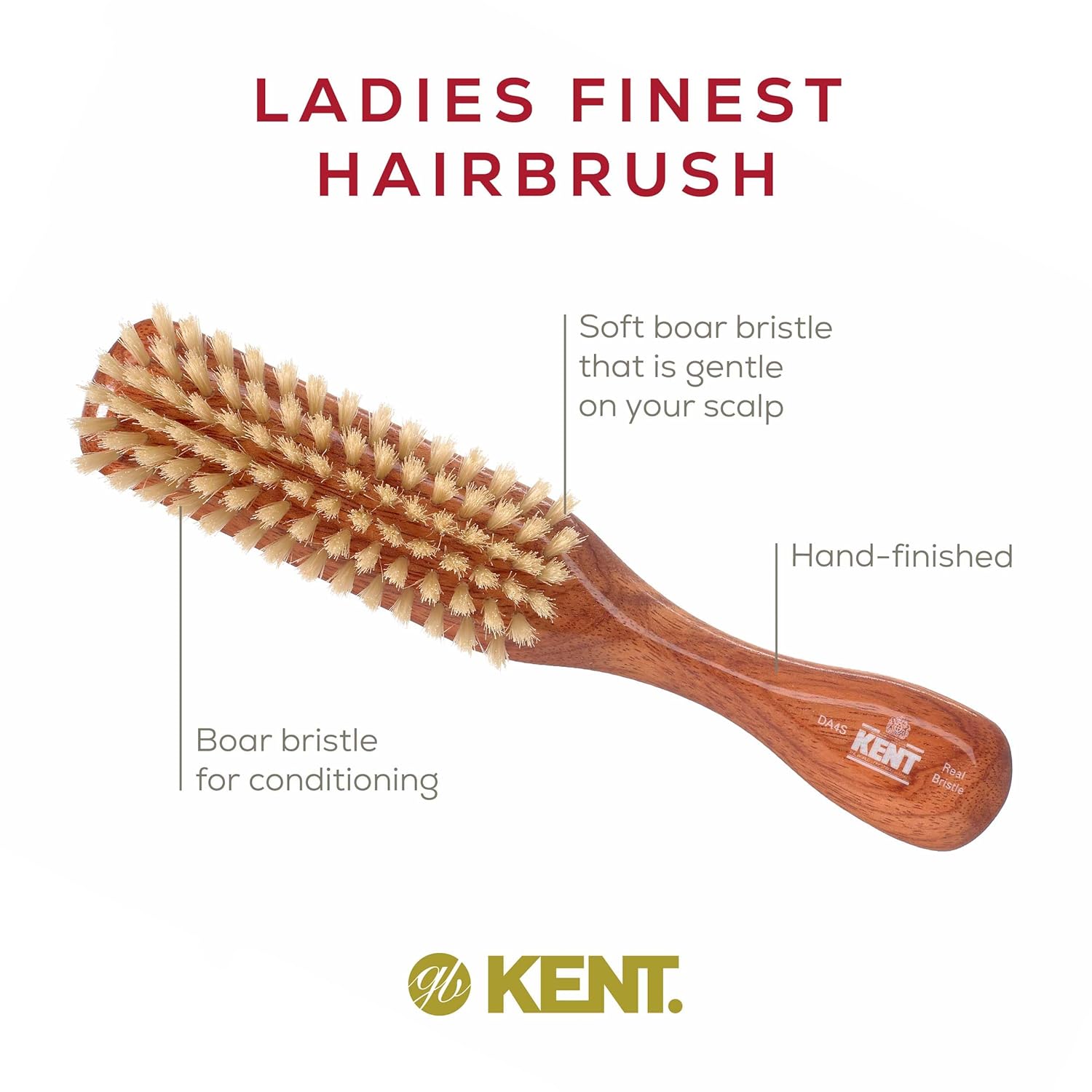 Kent DA4S Finest Women's Danta Wood, Soft White Bristle, Narrow Grooming Hair Brush - Fine or Thinning Hair, Promotes Shine/Stimulates Scalp