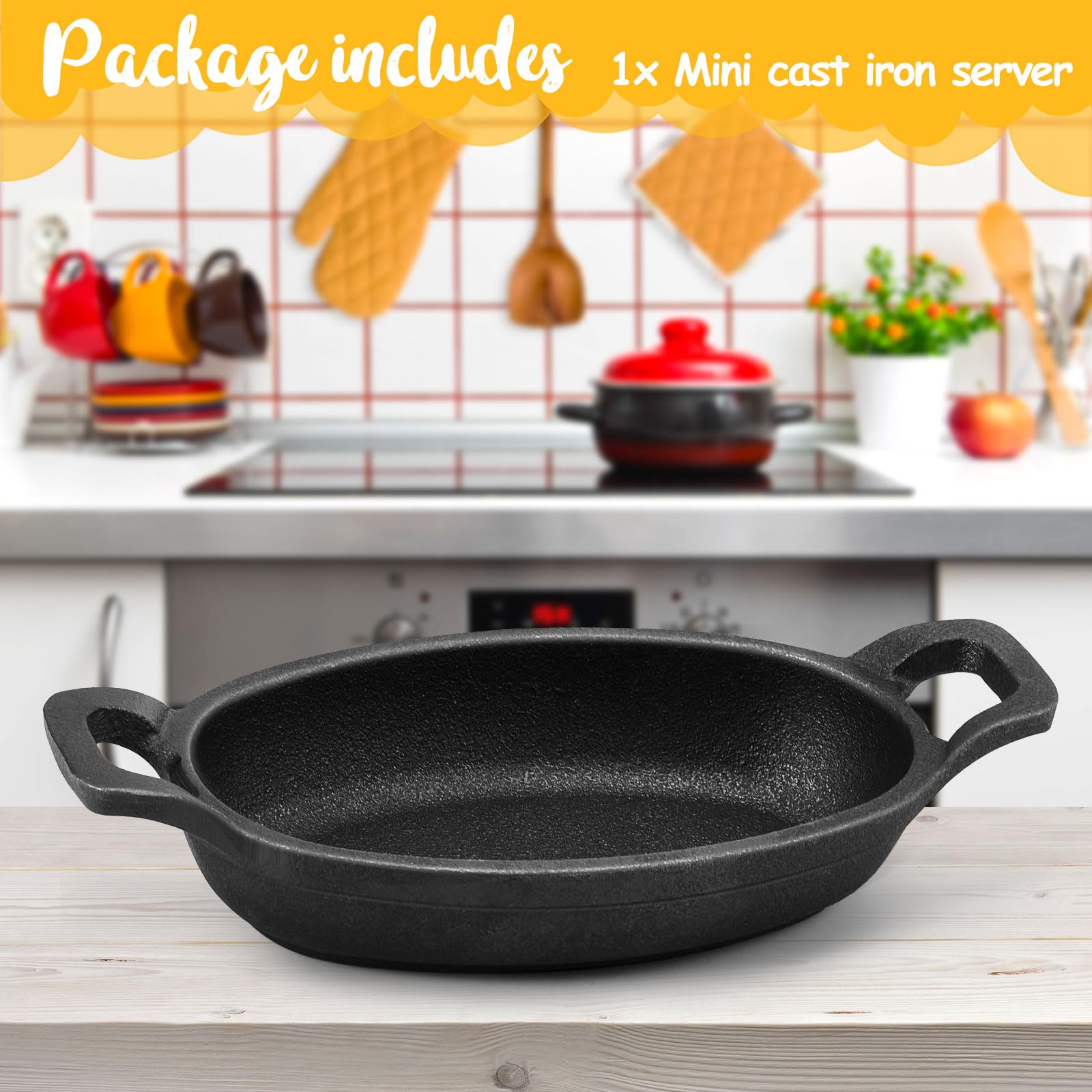 Juego de utensilios de cocina de hierro fundido de 1 pieza de 6 x 3.8 pulgadas, sartenes ovaladas pequeñas de hierro fundido de 8 onzas, mini cacerola para hornear, asar, cocinar, asar a la 3