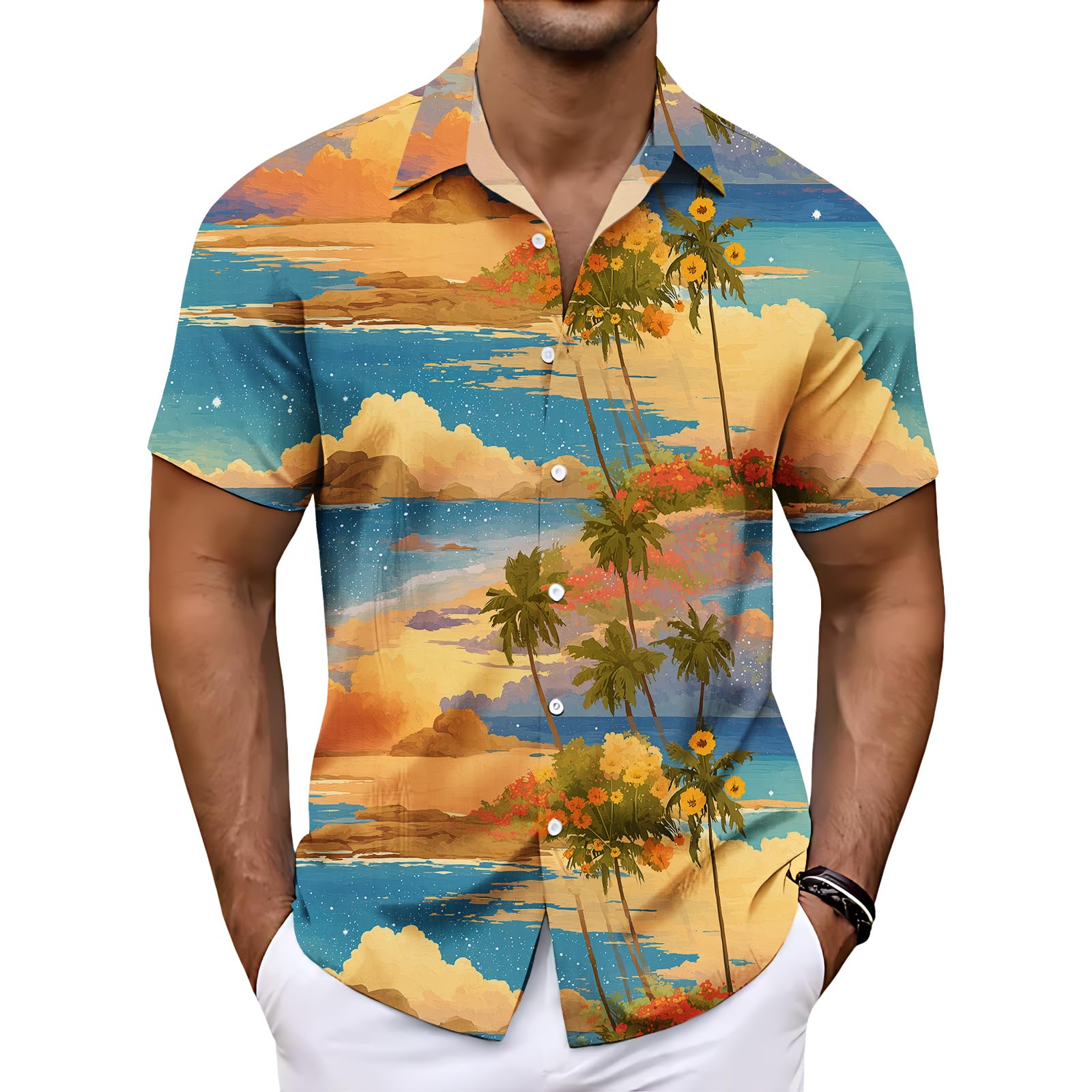 Men's Hawaiian Button Down Shirts Short Sleeve Tops Plus Tropical Graphic Loose Collared Beach Vacation T Shirt