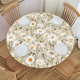 Daisy Floral Round Tablecloth with Elastic Edge Fitted Flowers Table Cover Waterproof Table Cloths Indoor Outdoor Modern Tables Decoration for Dining Table,Picnic,Party (40-44 inch)