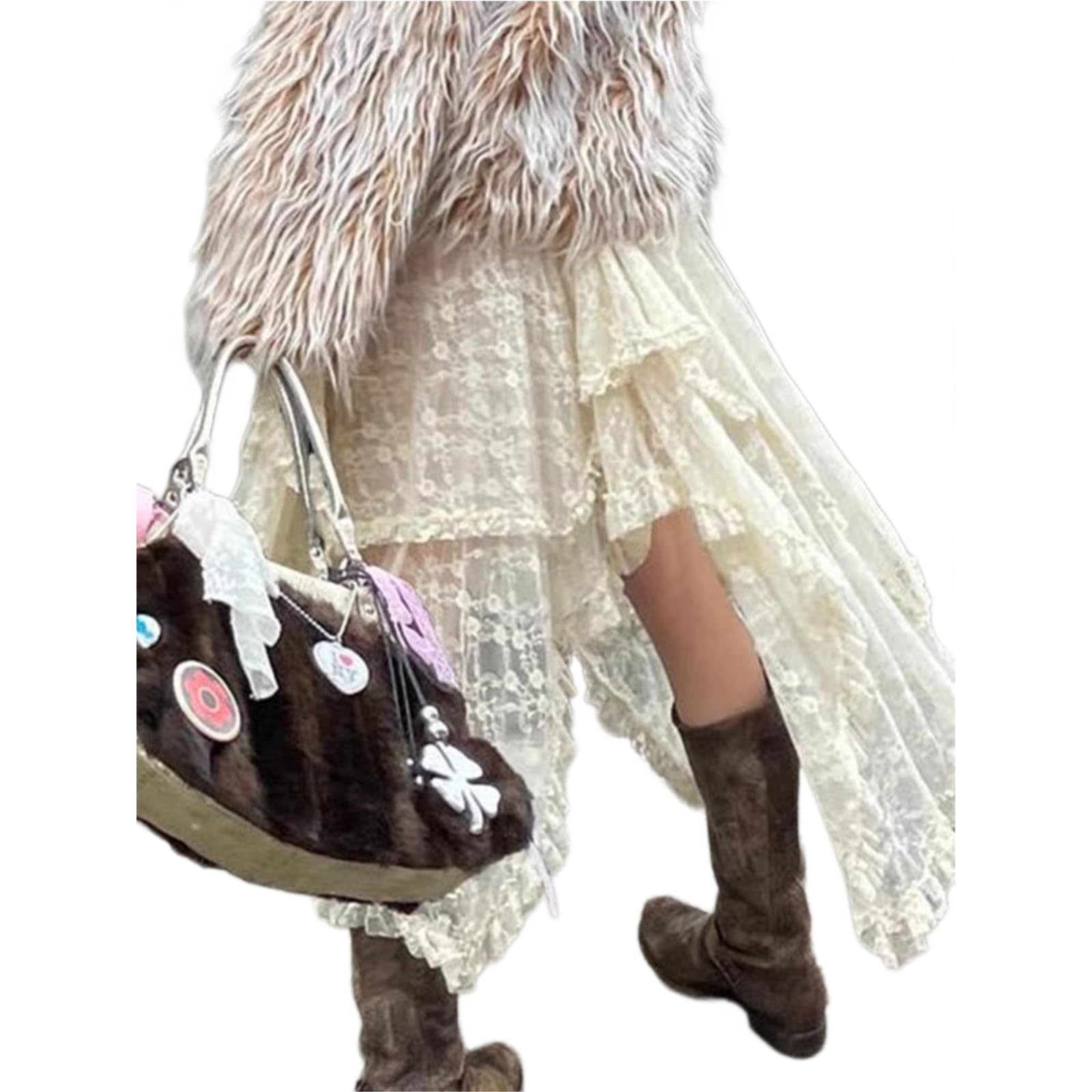 Abito Donna Pizzo Asimmetrica Midi Gonna Fairycore Boho Alta Vita Ruffle, Gonna-Beige-Waist Size 25 20" Skirt Length 31 50"