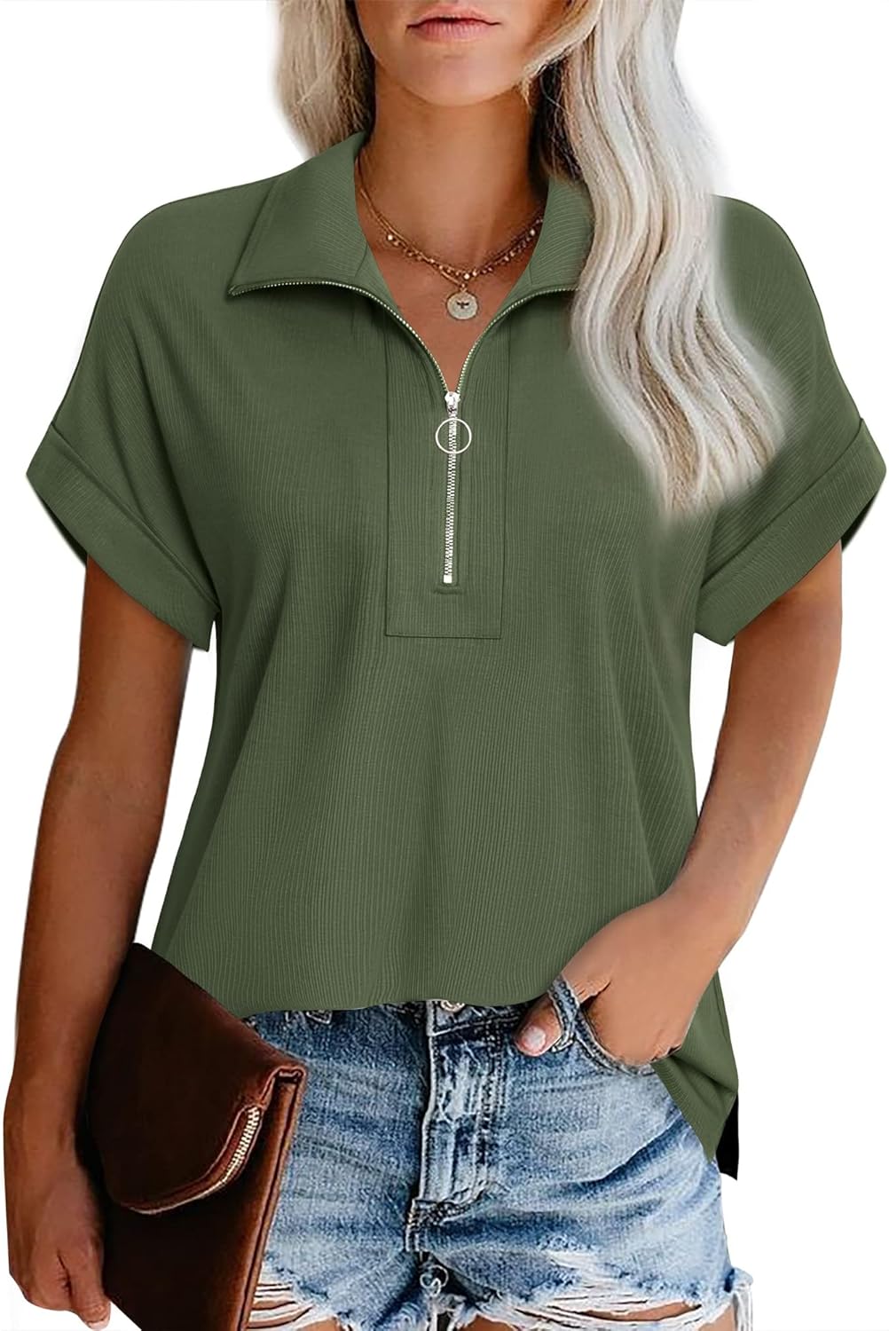 Vivilli Women’s Short Sleeve Tops and Blouses Zipper Collar V Neck Business Casual Tops Loose Fit Tunic Shirt Polo Shirts