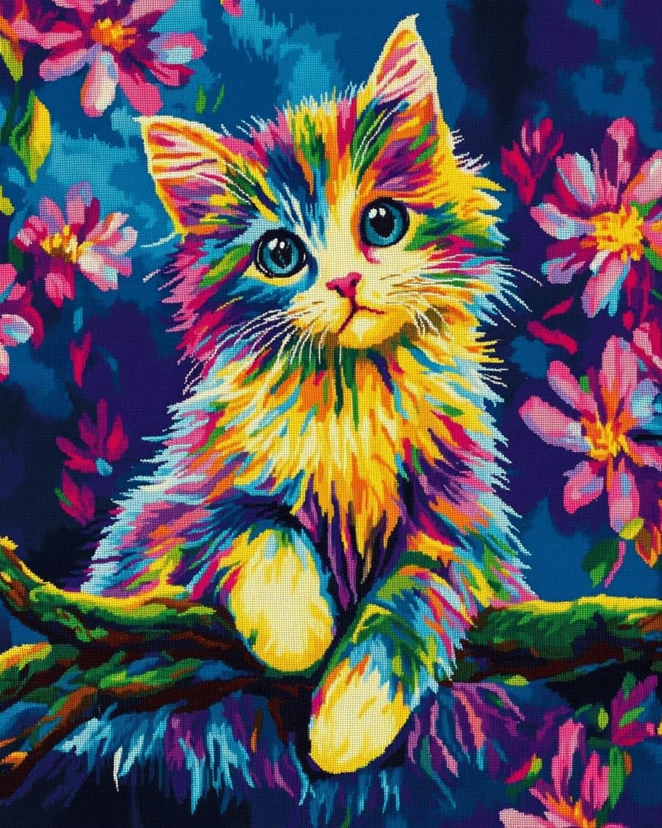 WallustrioaW Cross Stitch Embroidery Kits for Adults,Cat on a Flower Branch,Embroidery Starter Kits 11CT Stamped Cross Stitch DIY Crafts Gift,16x20in
