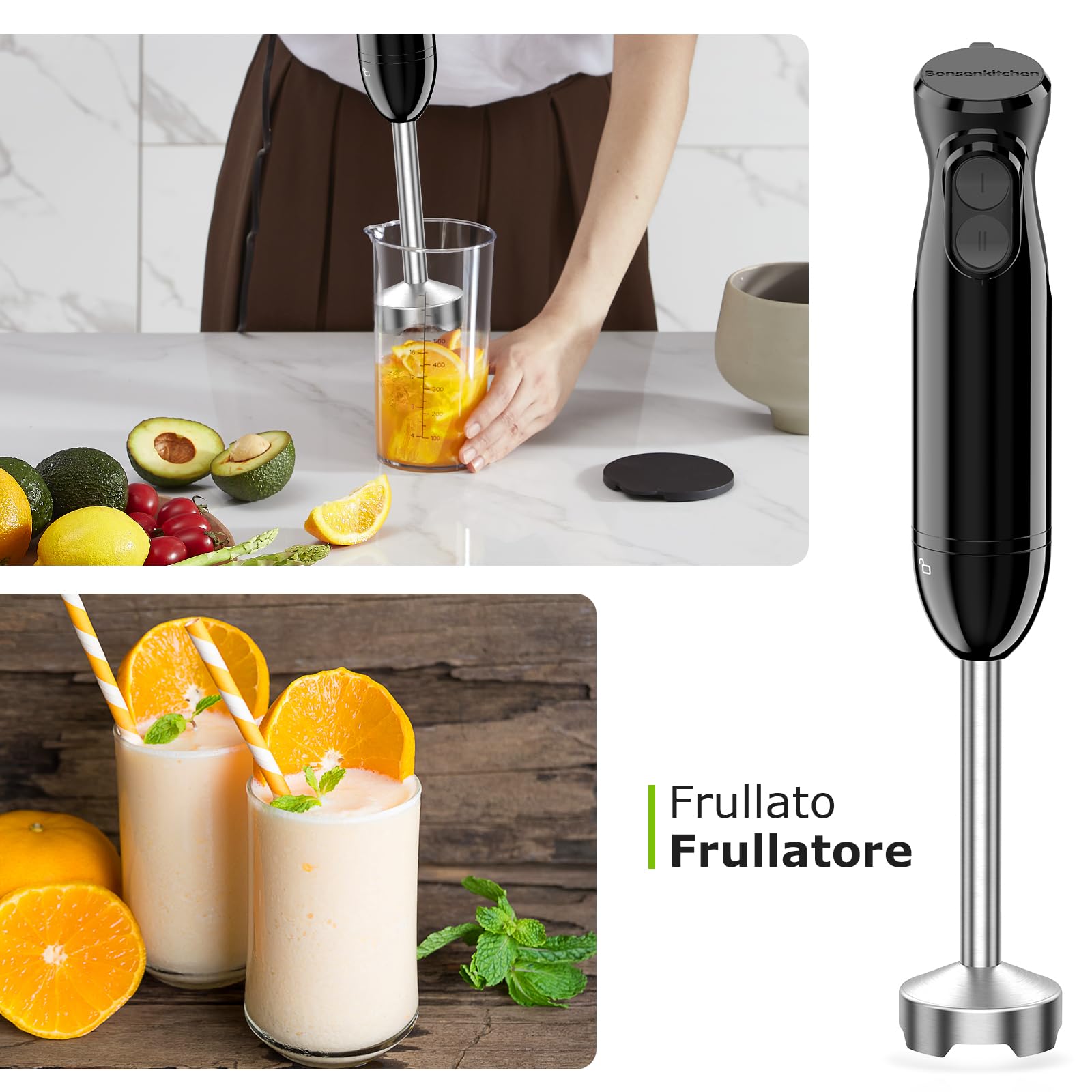 Bonsenkitchen Frullatore a Immersione, 1000W Mixer Immersione con Bicchiere Graduato 700ml, 2 Velocità, Lame in Acciaio Inox, per Frullati, Zuppe, Pappe, Salse, Milkshake, Nero