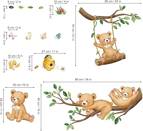 Miniatura 4 de decalmile Calcomanías de pared de oso de bosque, ramas de árbol de animales, calcomanías de pared para habitación de bebé, habitación de niños,
