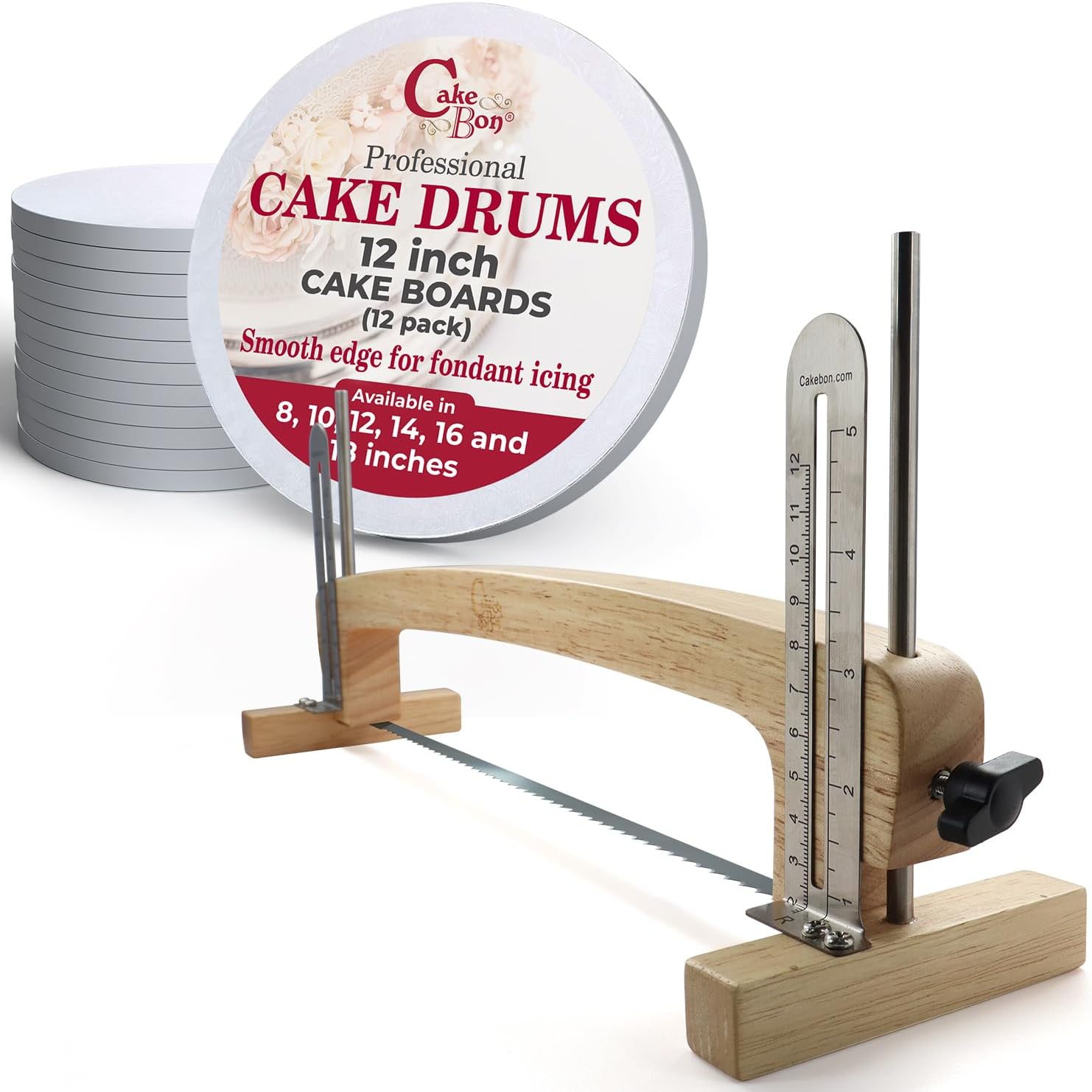 Cakebon 12 Inch Cake Boards Bundle with Premium Cake Leveler - Sturdy 12 Pack Smooth Edge 1/2 Thick Cake Drums & Professional Cutting Tool for Bakers