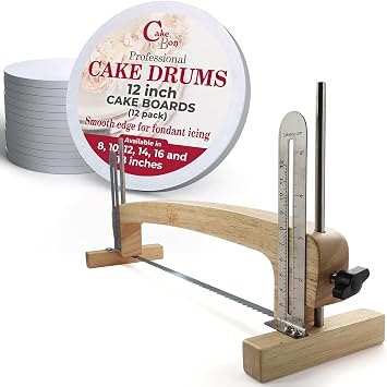 Cakebon 12 Inch Cake Boards Bundle with Premium Cake Leveler - Sturdy 12 Pack Smooth Edge 1/2 Thick Cake Drums & Professional Cutting Tool for Bakers