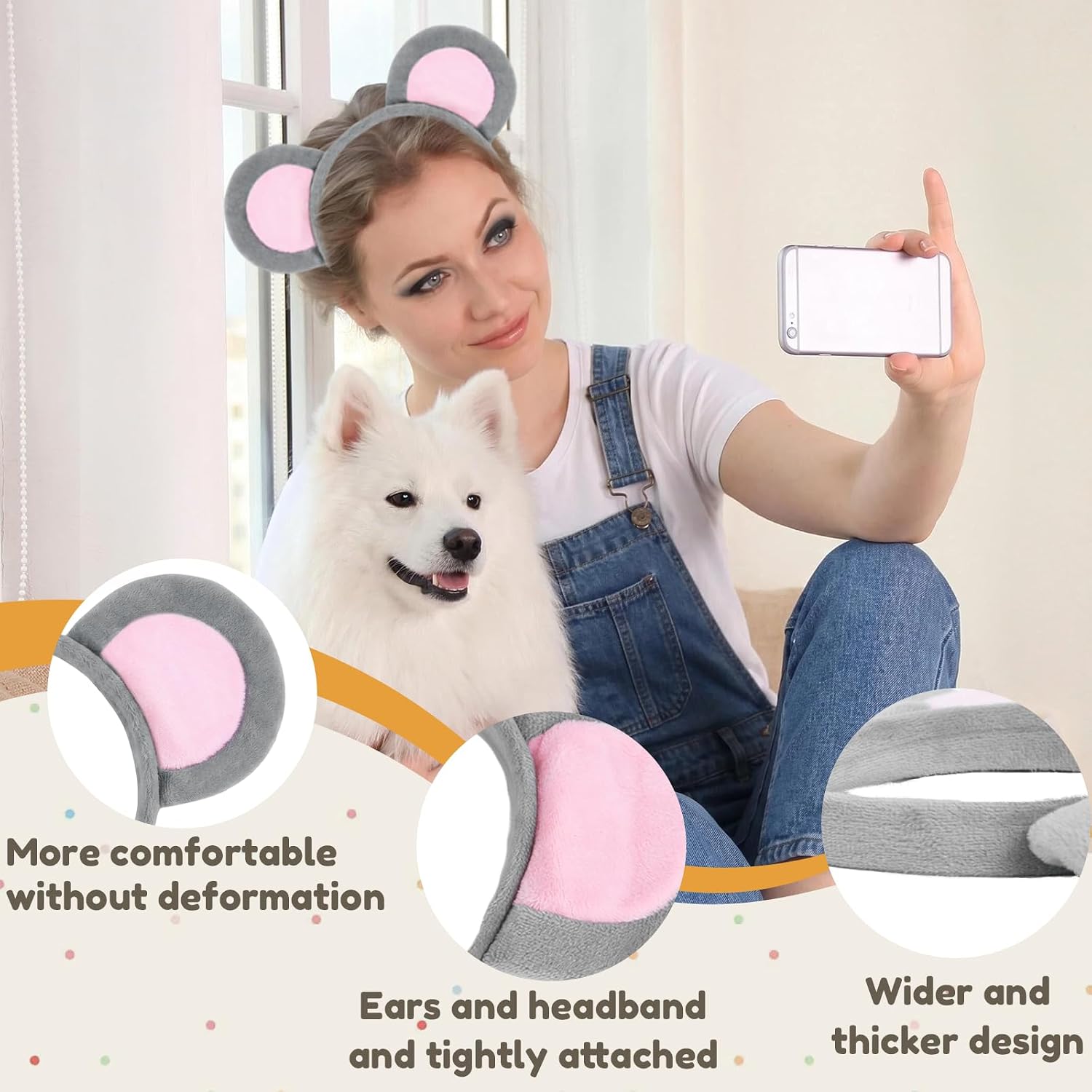 SIOTMERA Grey Mouse Ears Headband for Adult Women,Mouse Costume Accessories for Halloween, Easter, Christmas image 2
