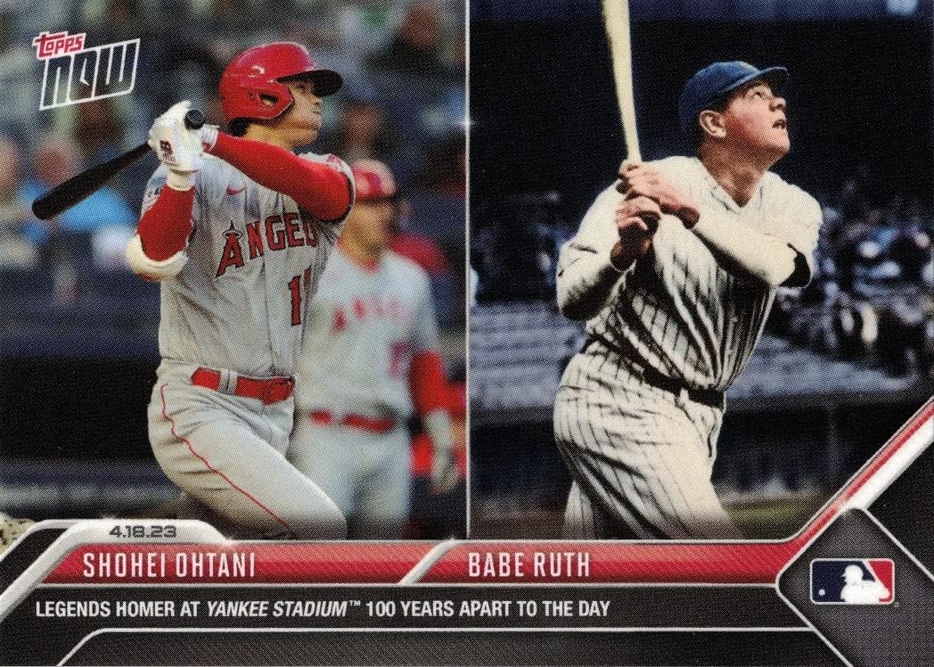 2023 Topps Now #143 Shohei Ohtani/Babe Ruth Baseball Card - Legends Homer at Yankee Stadium 100 Years Apart to the Day