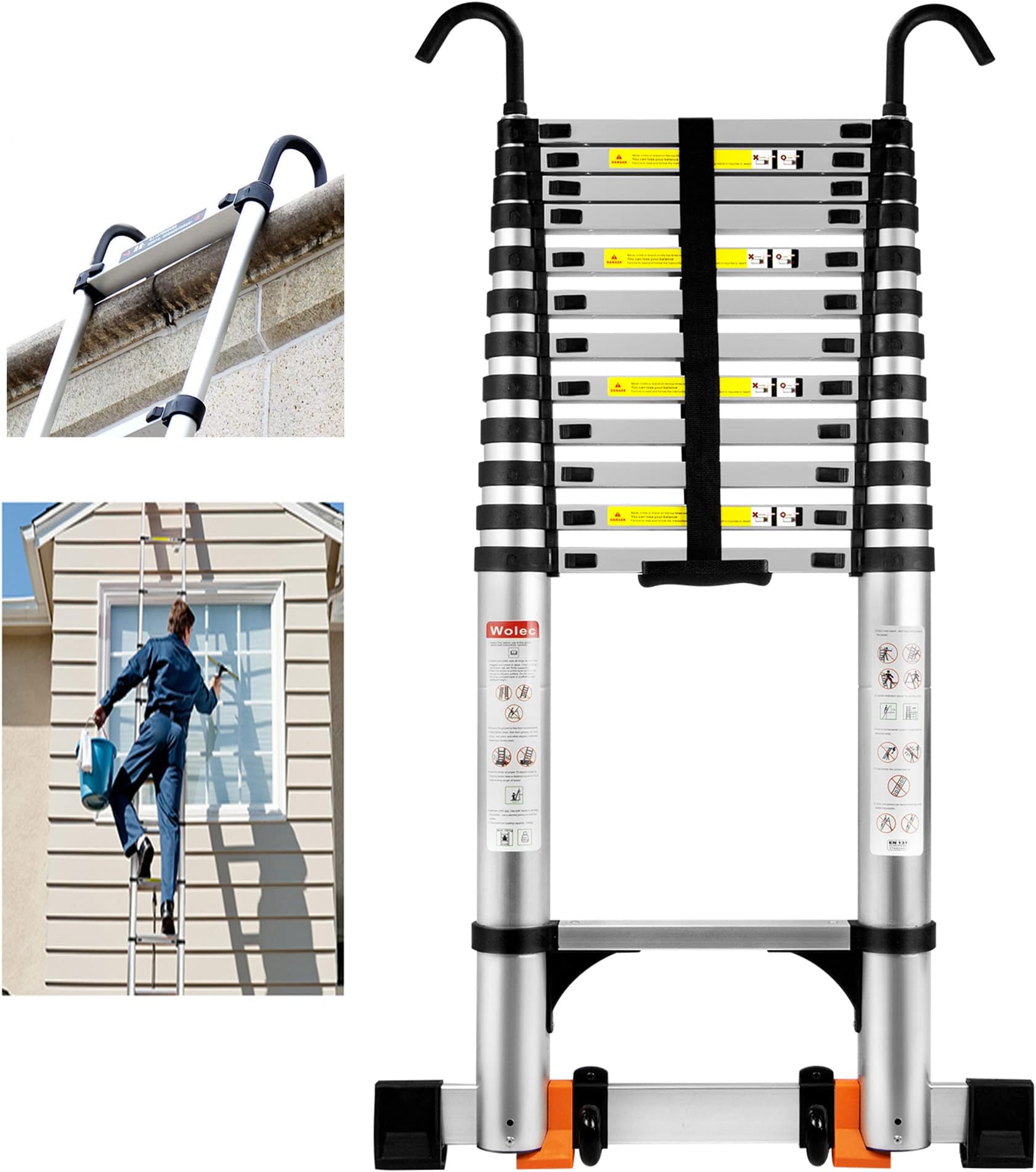 16.5 FT Telescoping Ladder with Hooks, Adjustable Multi-Purpose Collapsible Extension with Stabilizers & Wheels, Heavy Duty 330 lbs Max Capacity, Ideal for Home and Outdoor Work,Silver