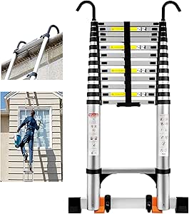 16.5 ft Telescoping Ladder with Hooks, Stabilizers & Wheels, Heavy Duty 330 lbs Capacity, Silver