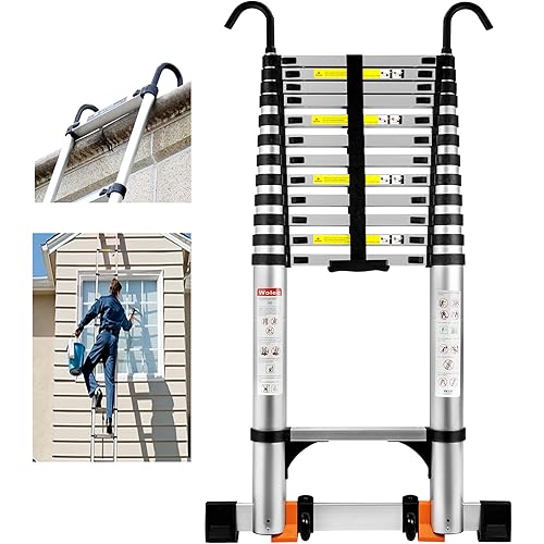 Wolec 16.5 FT Telescoping Ladder with Hooks, Adjustable Multi-Purpose Collapsible Extension with Stabilizers & Wheels, Heavy Duty 330 lbs Max Capacity, Ideal for Home and Outdoor Work, Silver