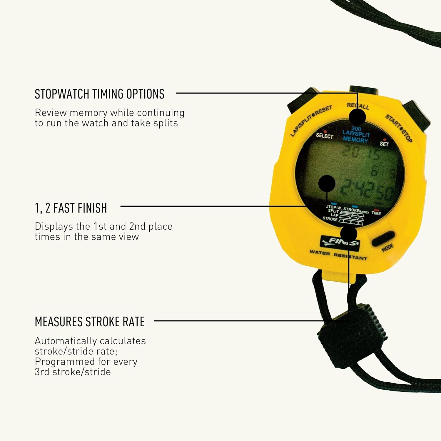 FINIS Waterproof Stopwatch for Swim Training - 300 Split Memory - Stroke Rate Mode - Easy-Read Display