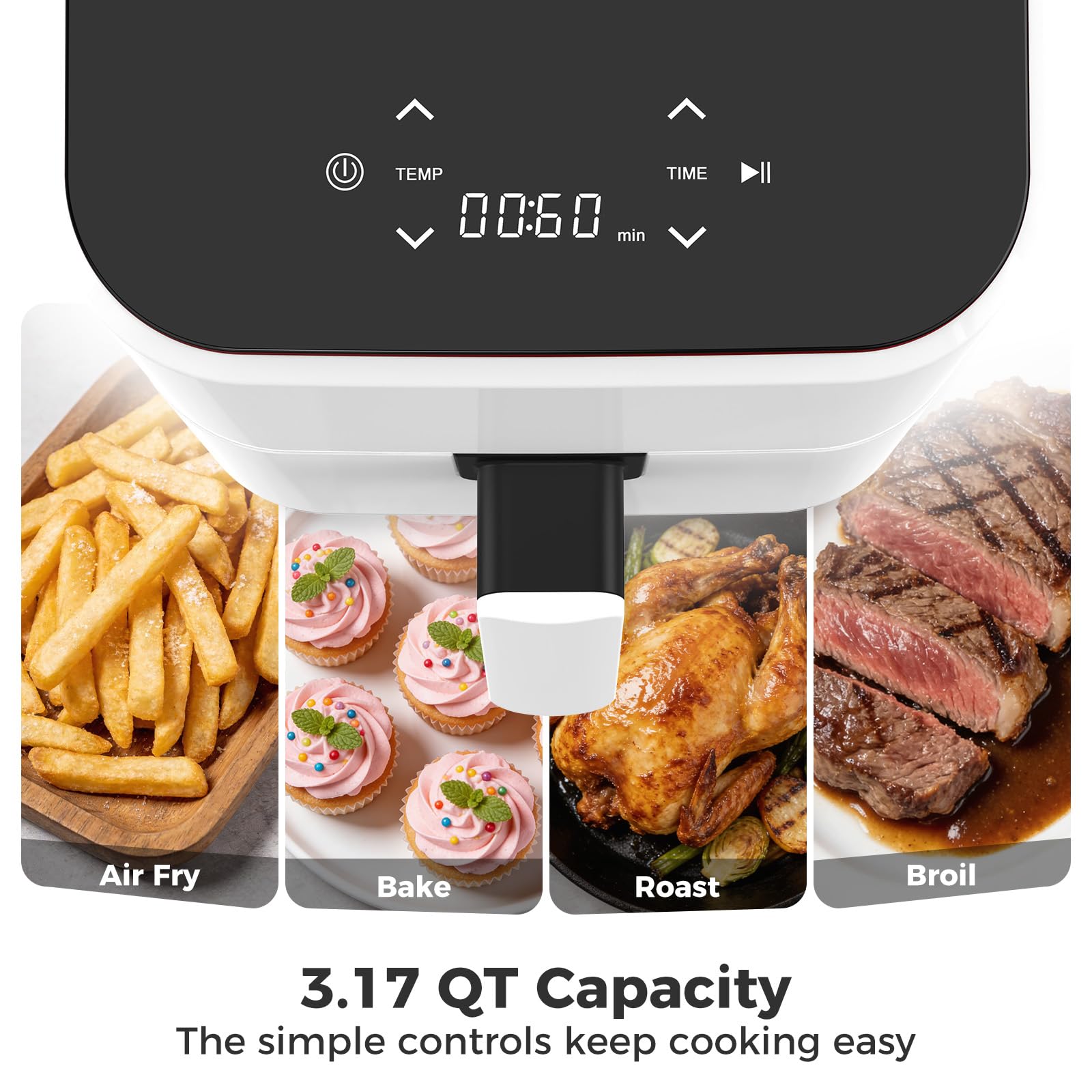 OLIXIS 3QT Air Fryer, Small Air Fryer with Digital PP Touch Panel, 400℉ Max Temp, Overheat Protection and Auto Shut-off, Nonstick and Dishwasher Safe Basket for Roast, Bake, Broil, Reheat, White view 4