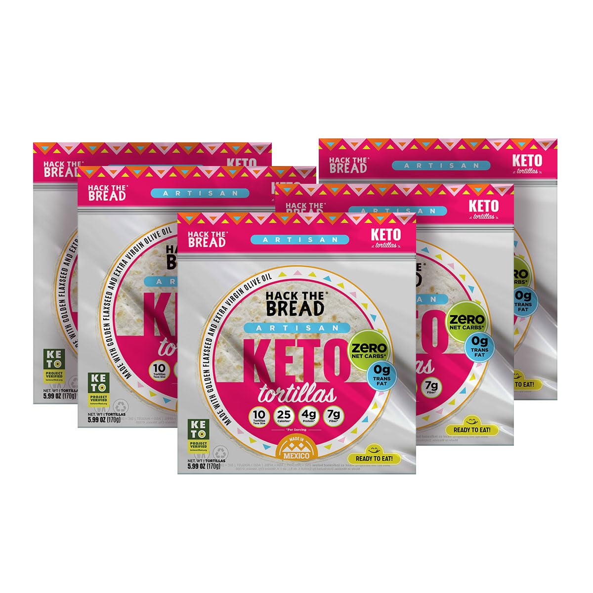 Hack The Bread® Keto Tortillas Certified, Zero Carb, Sugar Free - 25 Calories, 4g Protein, 7g Fiber per Tortilla - 5 Pack