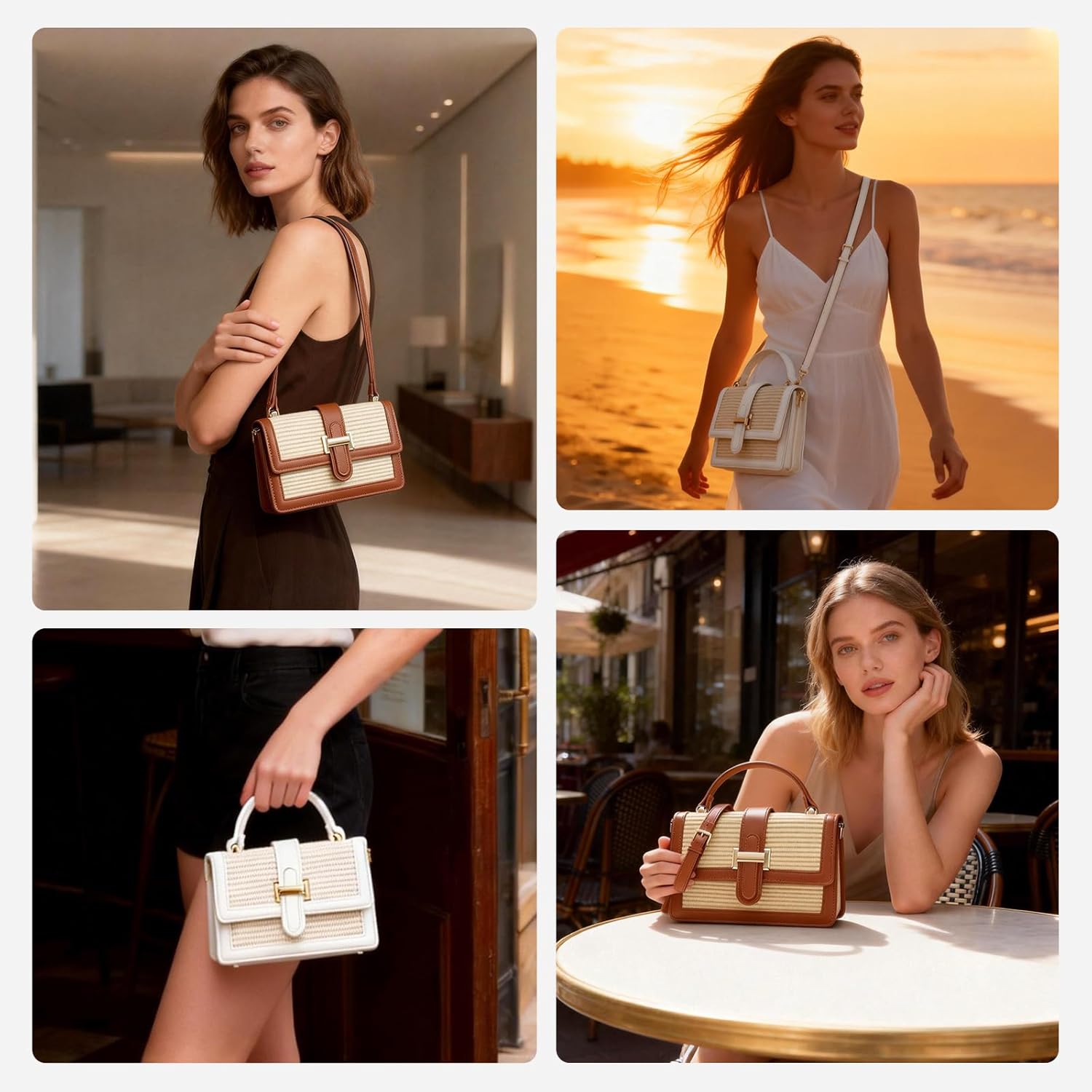 Straw Crossbody Bag, Vegan Leather Patchwork Summer Purse with Top Handle, Small Woven Bag for Beach & Wedding