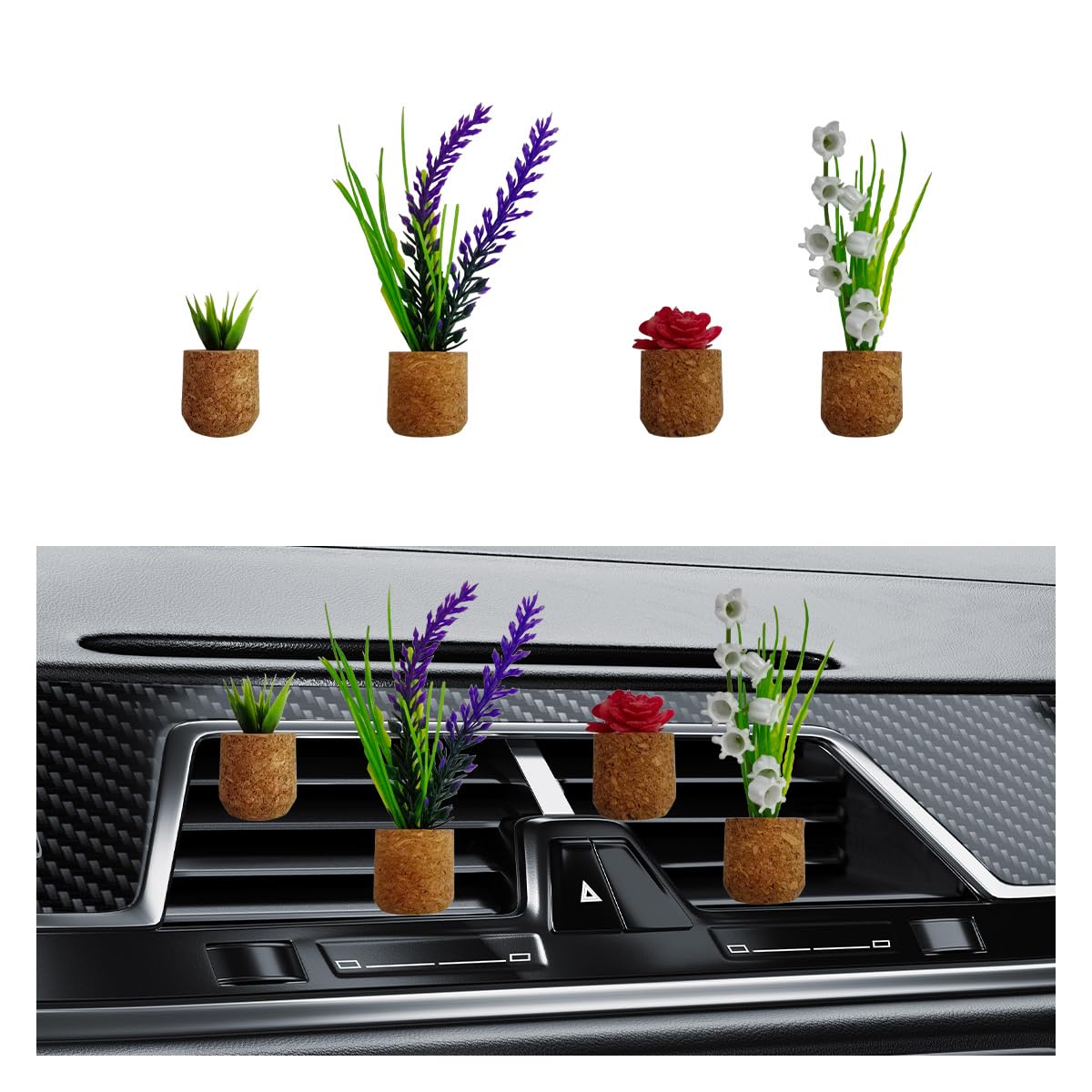 4PCS Plant Air Freshener Vent Clip, 3D Artificial Plant, Cute Mini Car Flower Vase Diffuser, Creative Car Aromatherapy, Interior Decoration Accessories