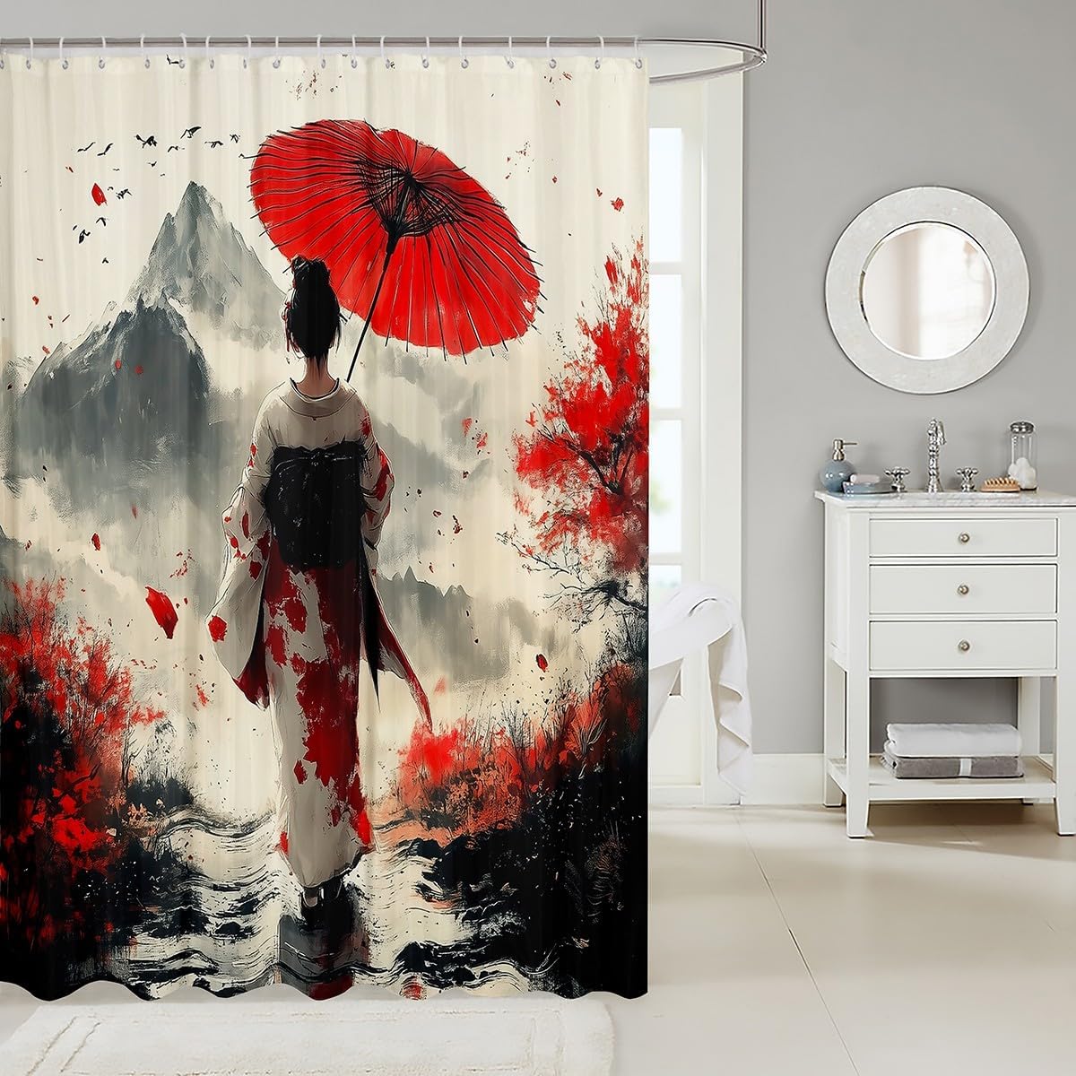 Erosebridal Aesthetic Japanese Shower Curtain 72" Wx78 L,Japan Kimono Fabric Shower Curtains for Girl Women Lady,Samurai Ukiyoe Bath Accessories,Mount Fuji Waterproof Bathroom Curtains image 2