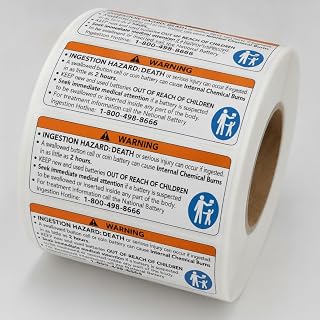 1000 Pcs Button Cell or Coin Battery Warning Stickers - 2'' x 0.8'' Ingestion Hazard Safety Warning Label for Consumer Goods Packaging and Bags
