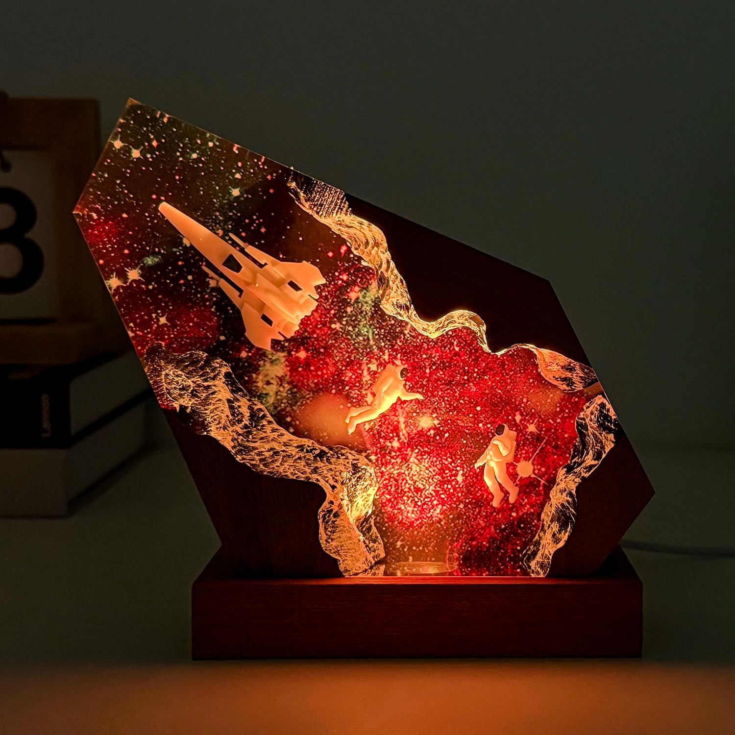 Space Resin Lamp, Handcrafted Wooden Base, with Rocket & Astronaut in Outer Space, RGB Lighting & USB Power, a Decorative Night Light for Bedroom or Desk, Space Gifts for Astronomy Lovers (6"x4")