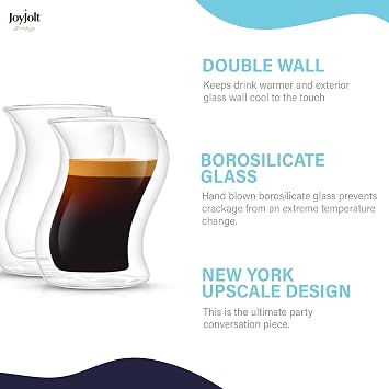 JoyJolt Pivot Espresso Shot Glass Set of 2 oz Espresso Cups with Unique Design Double Walled Thermo Espresso Glasses for Home or Professional Bar Use Set of 2 Thermal Glassware for Morning Coffee