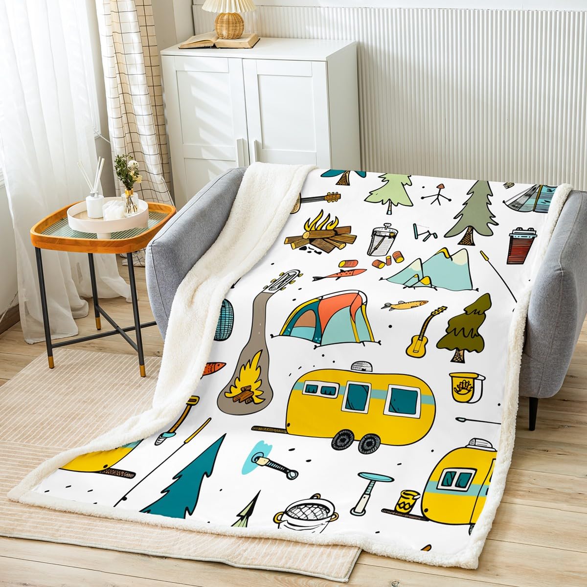 Happy Camping Themed Throw Blanket Camp Travel Car Blanket,Cartoon Vehicles Camper Fleece Blanket Outdoor Camping Tent Camper Decor 60