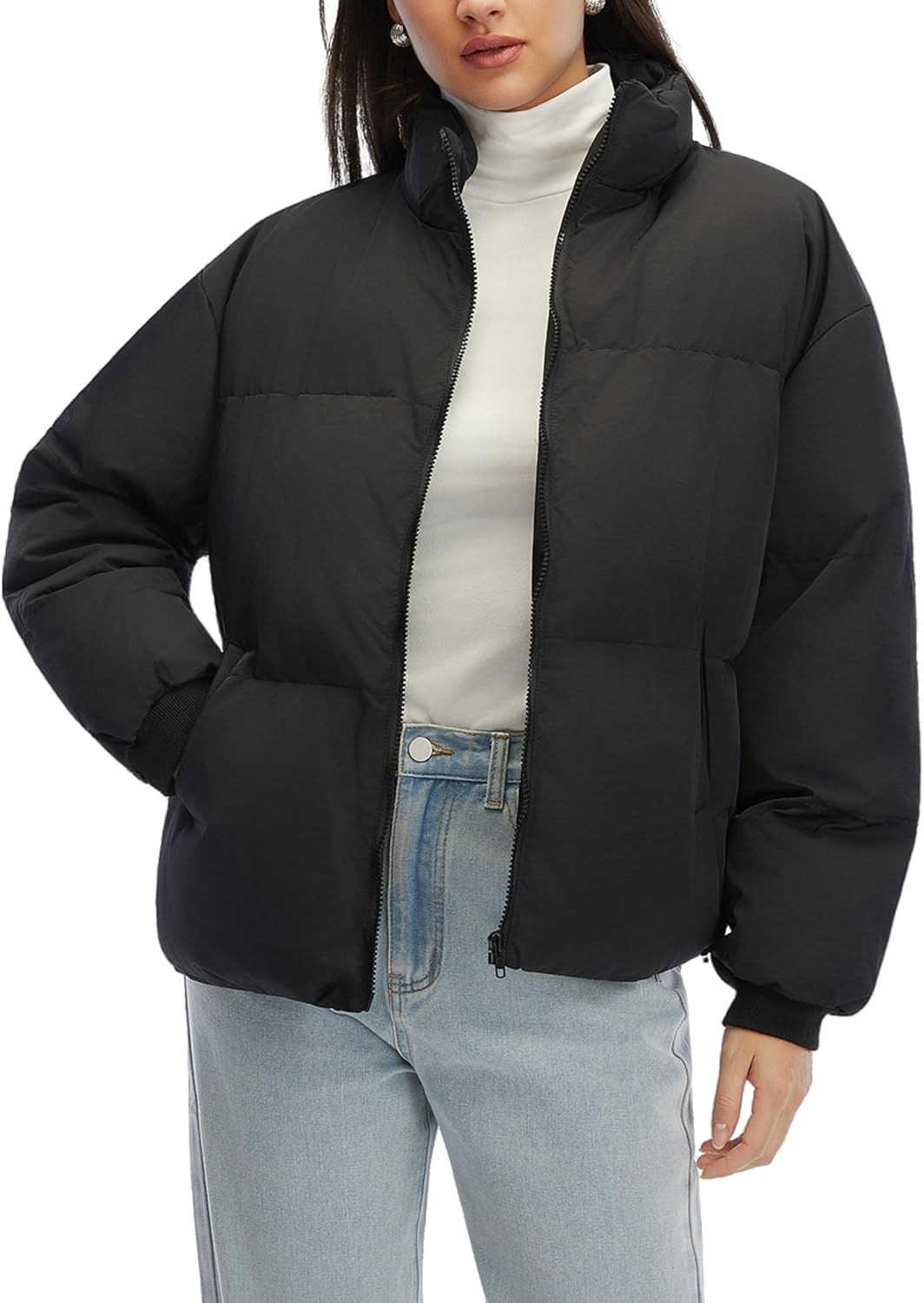 Cropped Puffer Jacket Women Oversized Winter Zip Up Long Sleeve Warm Qulited Short Coat for Women with Pocket Baggy
