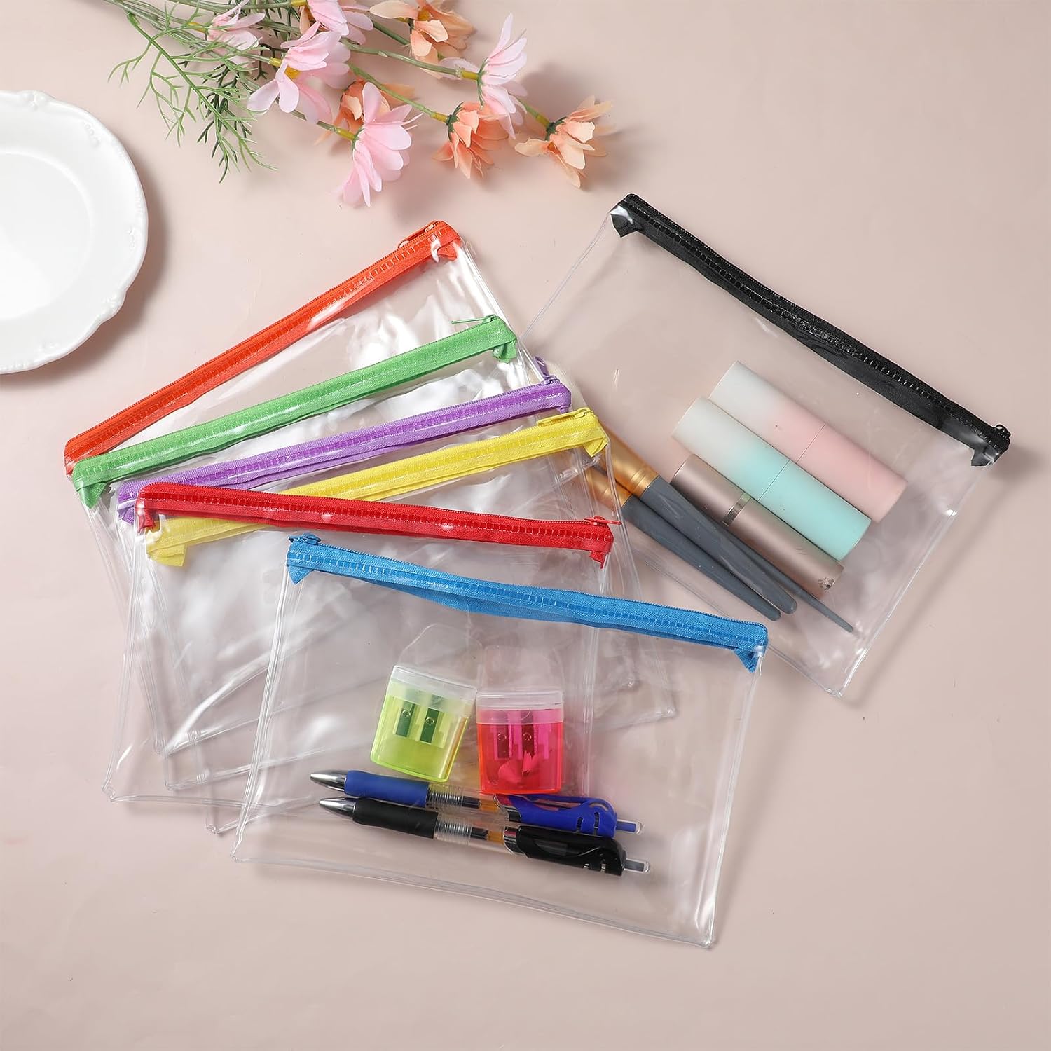 7 Pcs Waterproof Cosmetic Toiletry Pouch Small Clear Makeup Bag with Zipper PVC Plastic Storage for Cosmetics Jewelry Women Men Travel Airport Organizing Lipsticks Keys Purse Essentials