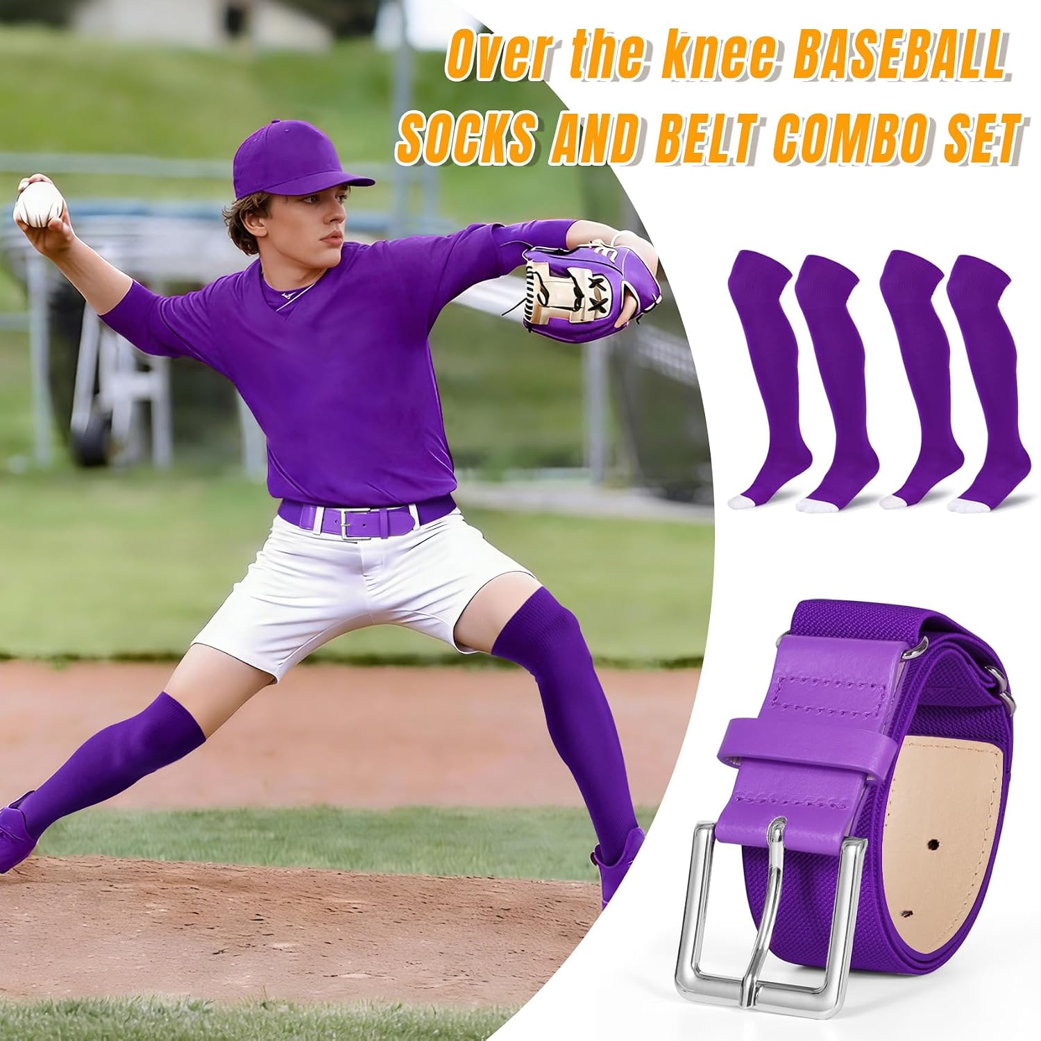 XZQTIVE 2 Pack Baseball Softball Socks and 1 Baseball Softball Belt Set Over the Knee Team Socks for Kids Youth