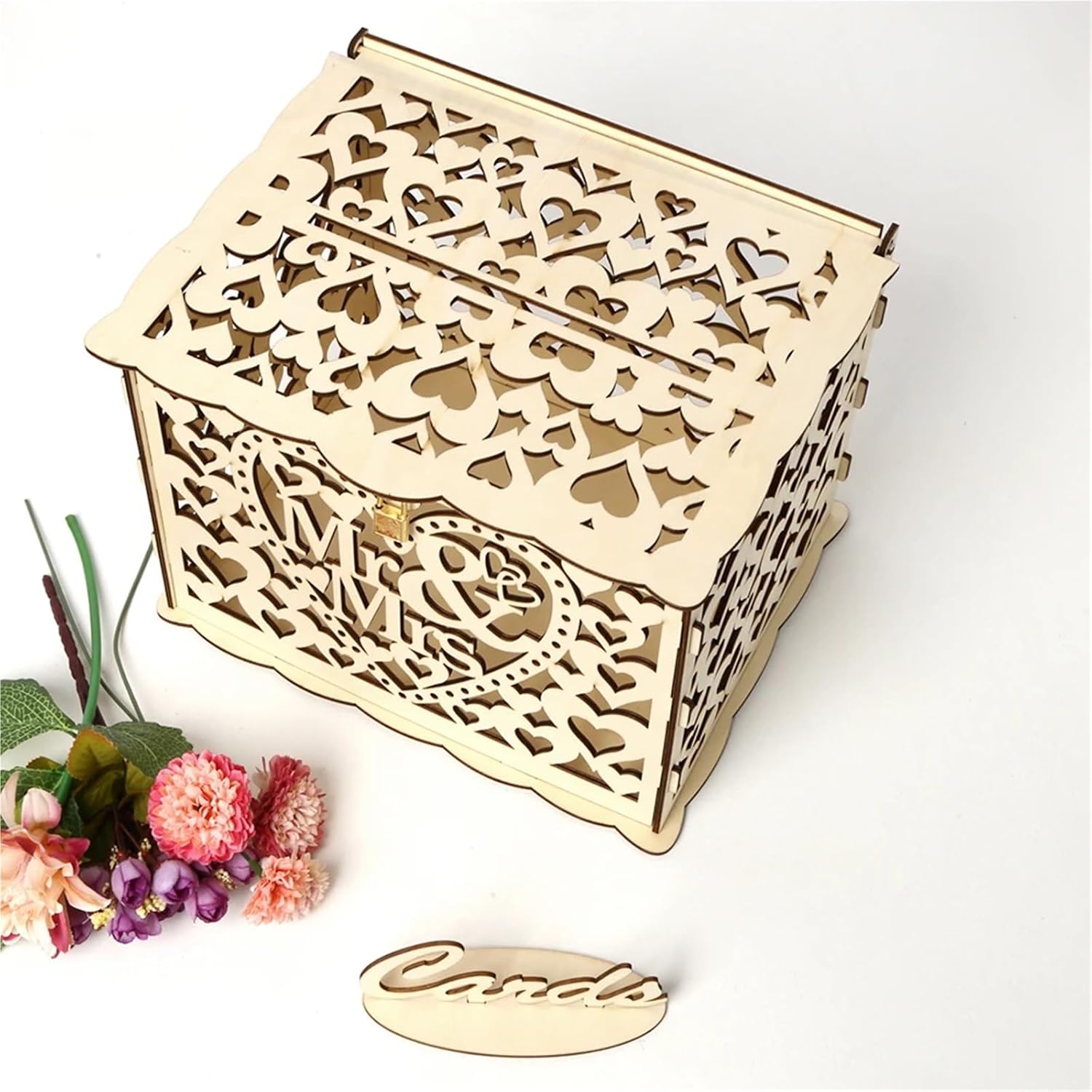DIY Wedding Card Box Wooden Couple Money Boxes With Lock Hollow Floral Pattern Decor Envelope for Party Reception Anniversary(Color 1)