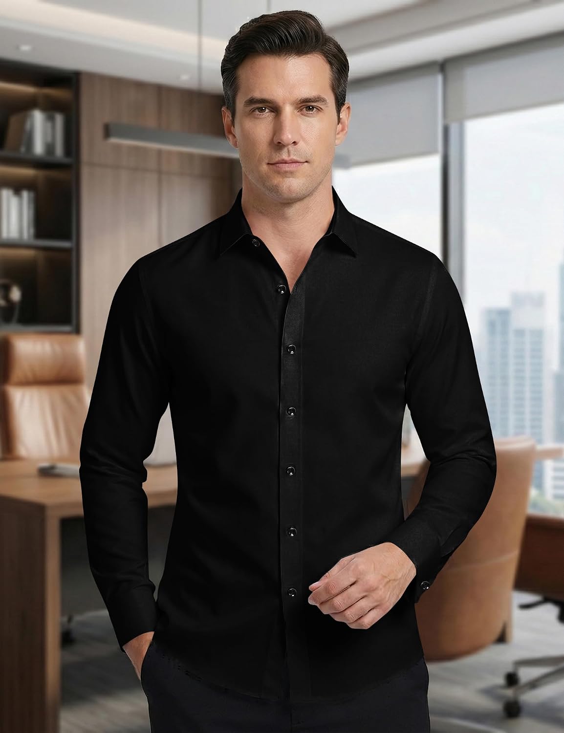 LucMatton Men's Long Sleeve Button Up Dress Shirt Modern Slim Fit Wrinkle-Free Wedding Formal Shirts