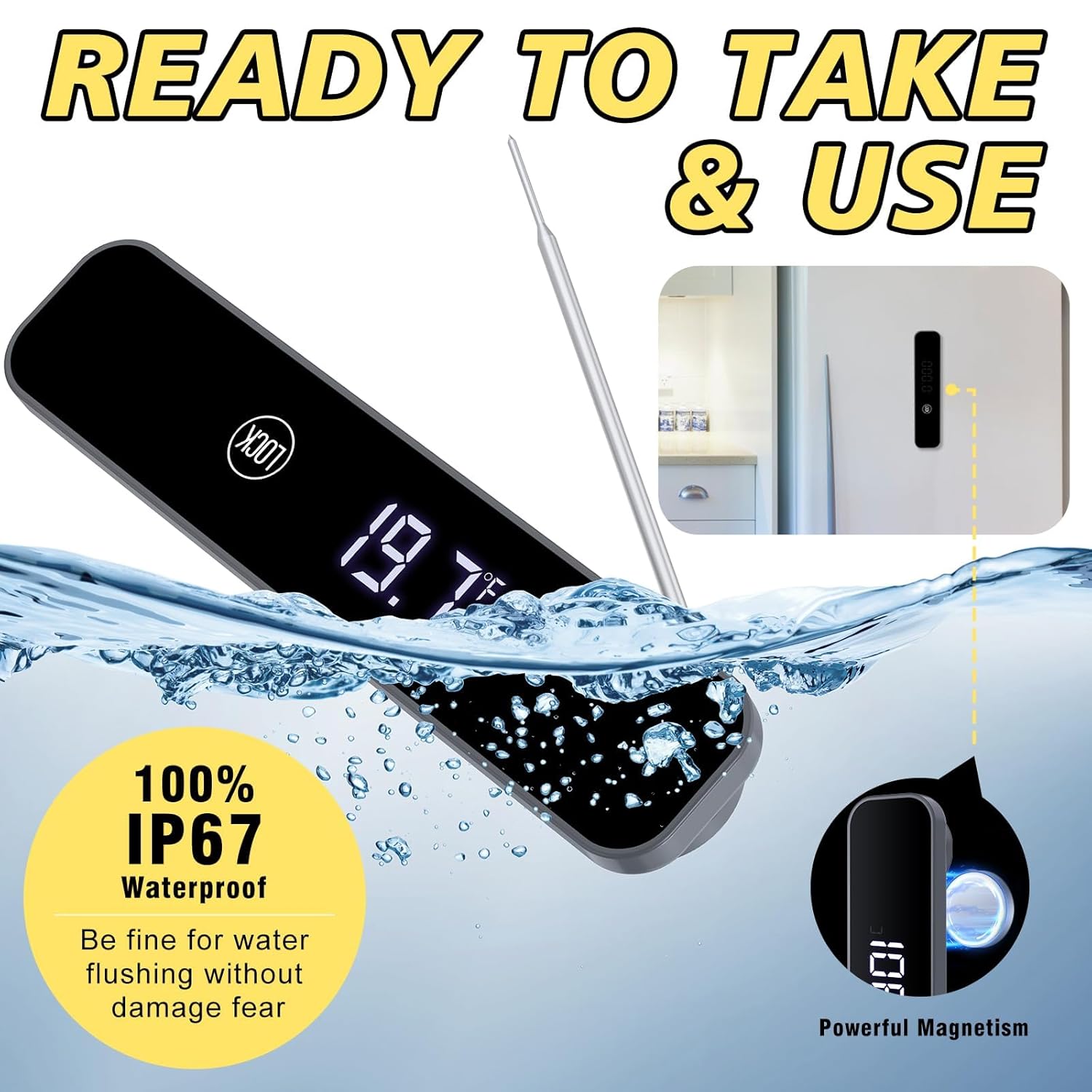 Homtronics HMT3 thermometer being rinsed under running water, highlighting its IP67 waterproof feature