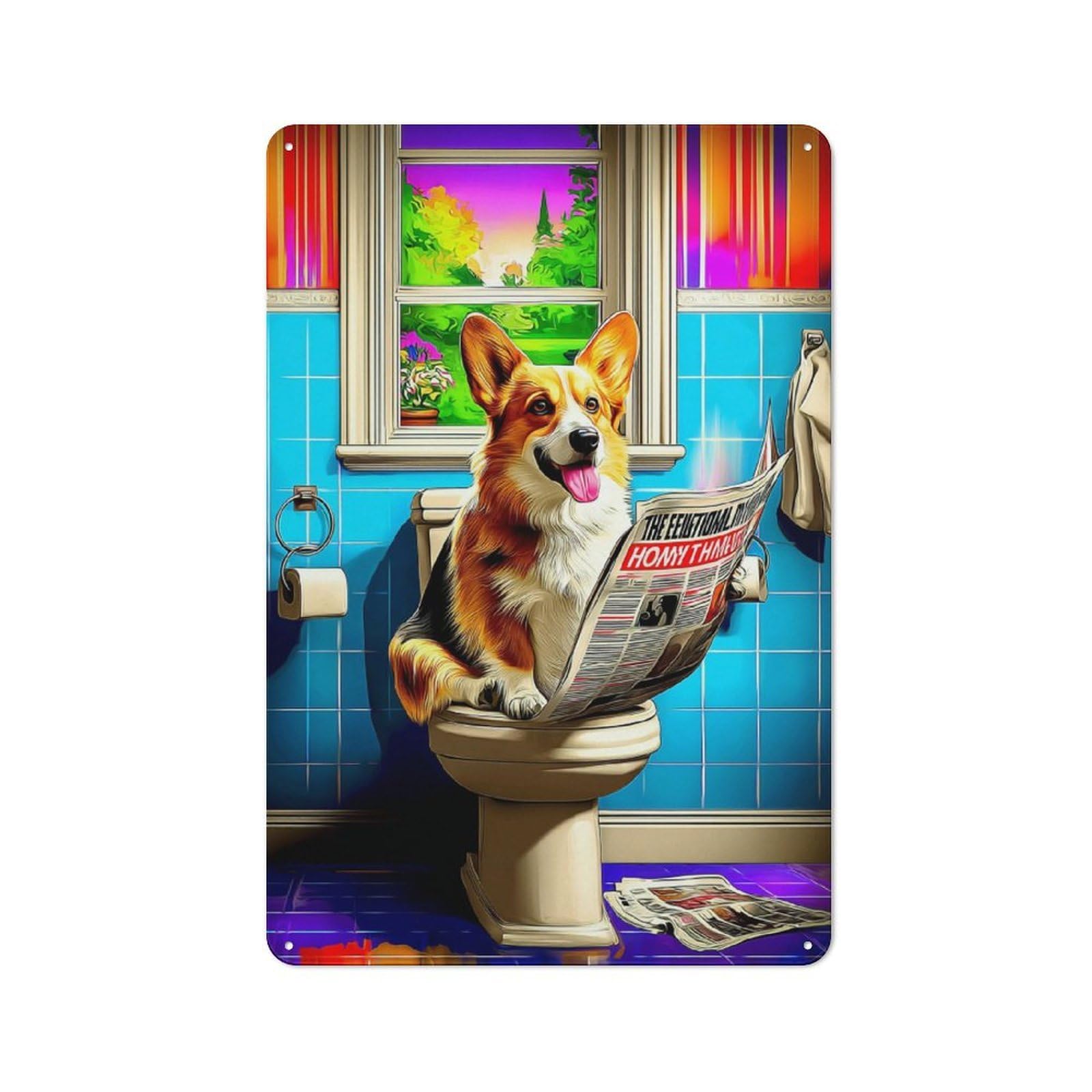 Junmoney Corgi Reading Newspaper On Toilet Metal Wall Sign 30X20cm Featuring For Bar Or Restaurant, For Bar Decor Enthusiasts