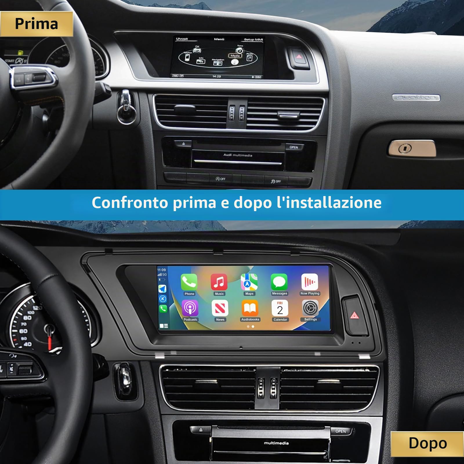 Car Radio 8,9 pollici touchscreen con Wireless Carplay e Android Auto per Audi A4 S4 2009-2016 con sistema 3G MMI+, supporta Mirrorlink, telecamera, navigazione