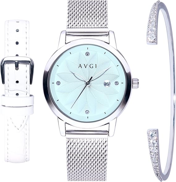 Amazon Avgi 腕時計 レディース 日付表示 防水機能 替えバンド付き シルバー ブルー ホワイト 腕時計 ファッション 通販