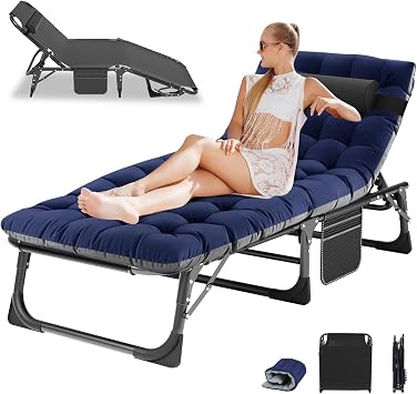 Folding Chaise Lounge Chair with Pad, Patio Sun Tanning Chair | 5-Position Outdoor Chaise Lounger,Portable Beach Lounge Chair for Outdoor Sunbathing Patio Pool Lawn Deck Poolside