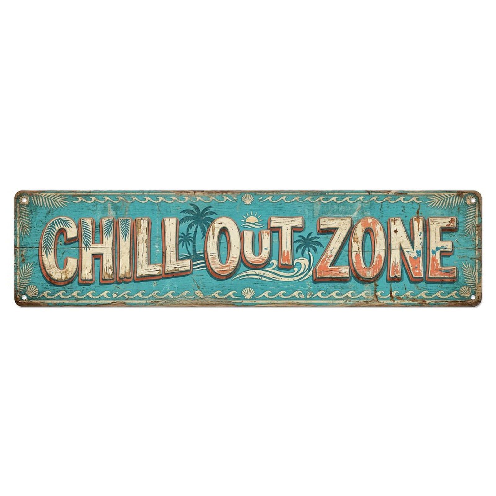 Chill Out Zone Worn Poolside 2 Metal Tin Skinny Sign Plaque Wall Decor for Cafe, Club Bar, Office, Home Garden Metal Poster 4x16Inch
