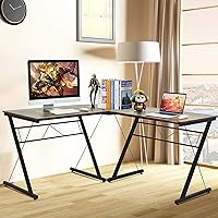 Vista 2 de GRAFFY - Escritorio para computadora en forma de L, estación de trabajo esquinera para juegos con soporte de monitor grande, esquina redonda, Negro