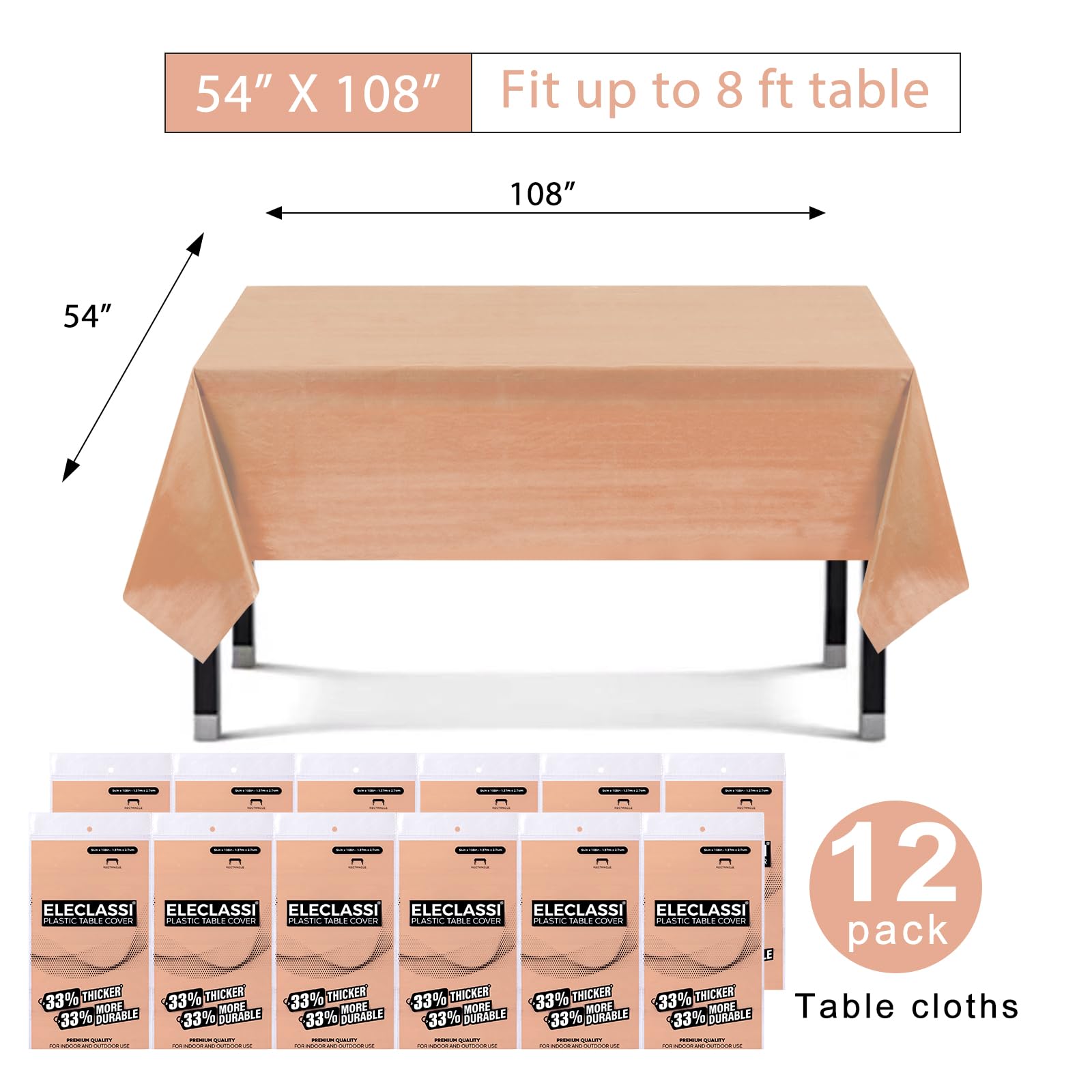 Eleclassi Peach - Paquete de 12 manteles de plástico Desechables 54 x 108 Pulgadas, Mantel desechable de plástico para Fiestas para mesas rectangulares de hasta 8 pies de Largo,