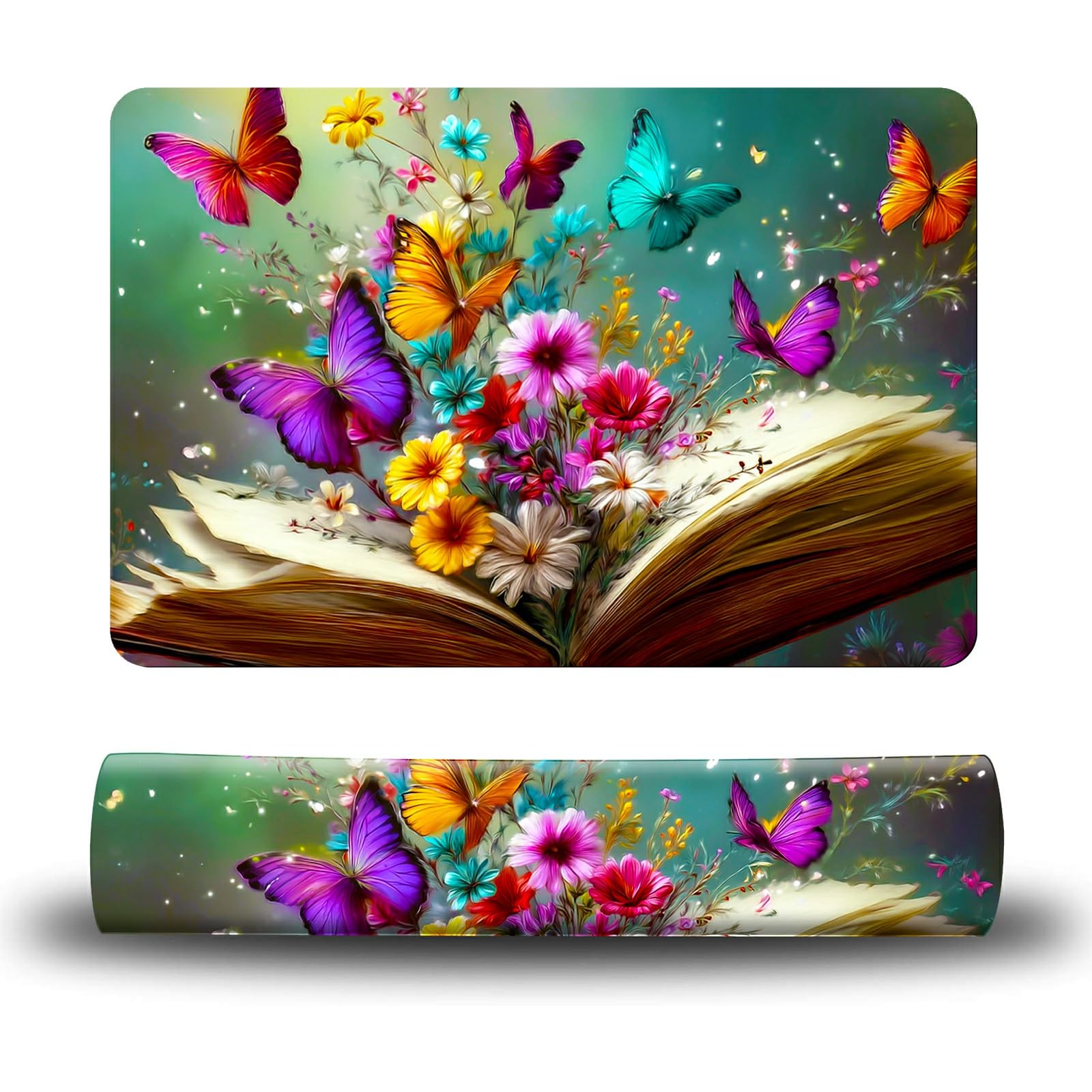 Dikoer Dog Food Mat, 15.7" x 23.6" Absorbent Pet Feeding Mat for Food and Water, Waterproof Diatom Mud Pet Placemat with Non-Slip Rubber Backing, Cat Bowl Mat for Floors - Books Flowers Butterflies