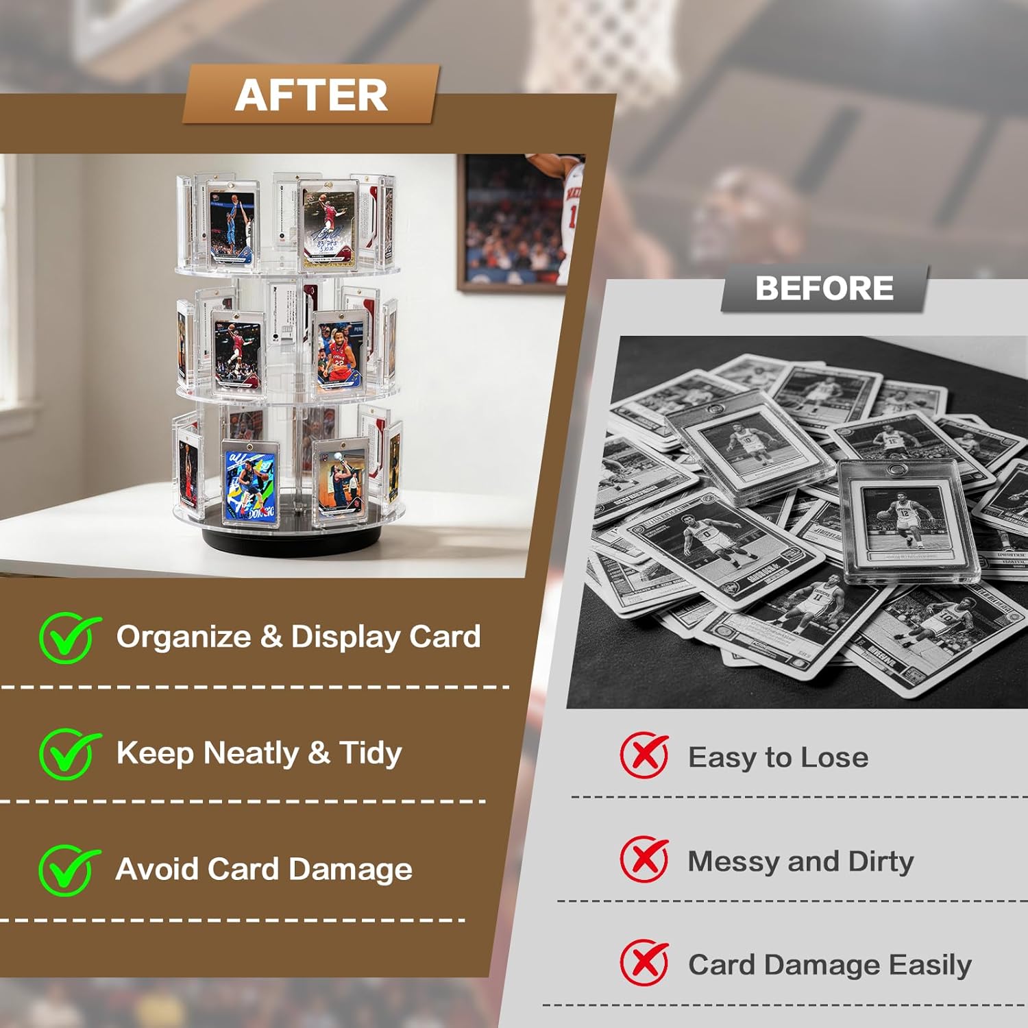 Trading Card Display, 3 Tier Acrylic Card Holder for Graded, Sports and TCG Cards,360° RotatingTrading Card Display Stand with Card Supporters, for Football Basketball Hockey Trading Card