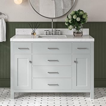 DKB Alenza 48" Grey Bathroom Vanity with Sink, 1.5" Carrara Quartz Countertop, Single Rectangular Undermount Sink, 2 Soft-Closing Doors, 5 Full Extension Dovetail Drawers