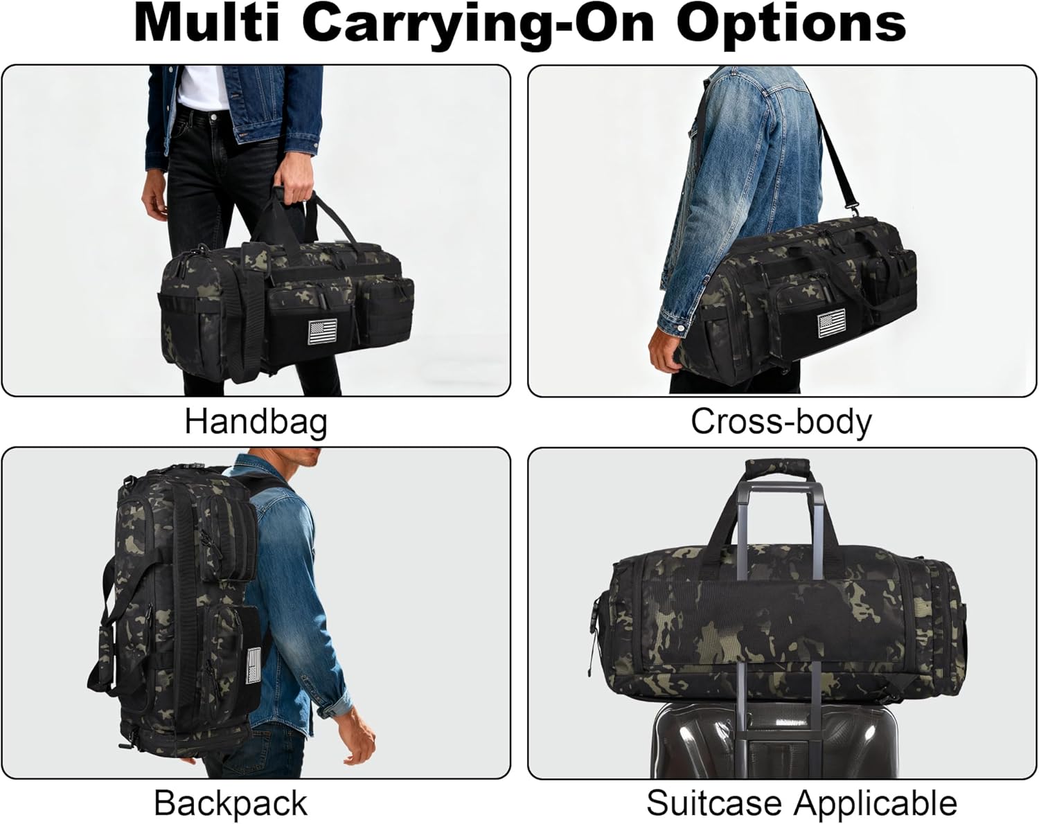 LHI 50L Tactical Duffle Bag for Men, 3-in-1 Gym Duffle and Backpack, Shoe Compartment, Laptop Sleeve and MOLLE, Carry-On Travel Weekender and Overnight Bag – Black CP Camo