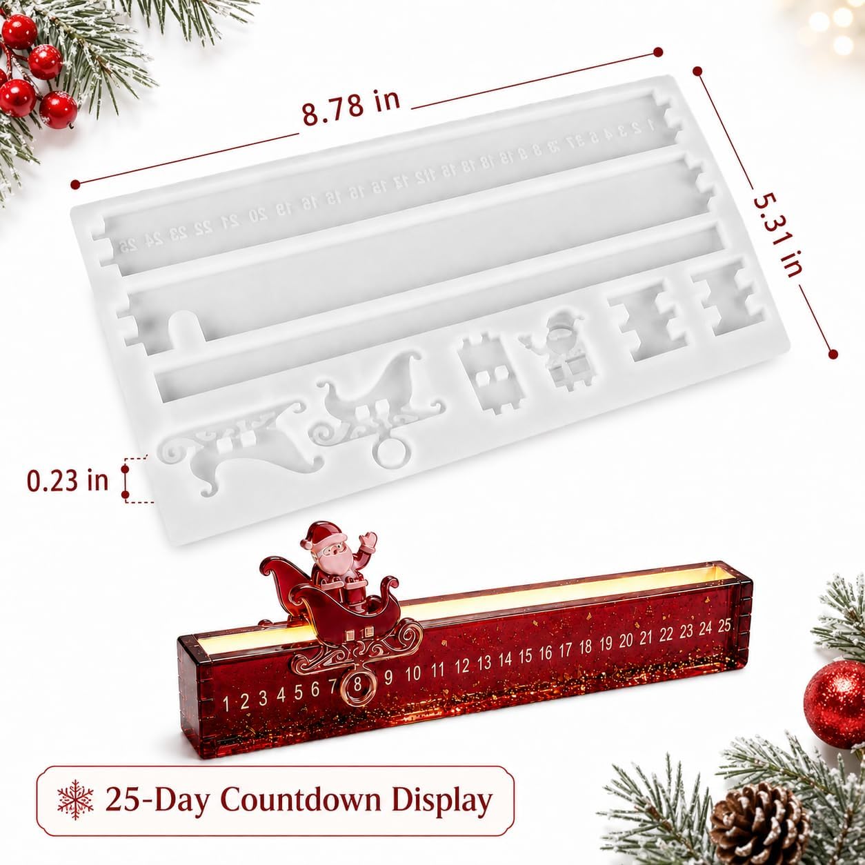 Christmas Countdown Resin Mold, 25-Day Santa Sleigh Silicone Calendar Mold