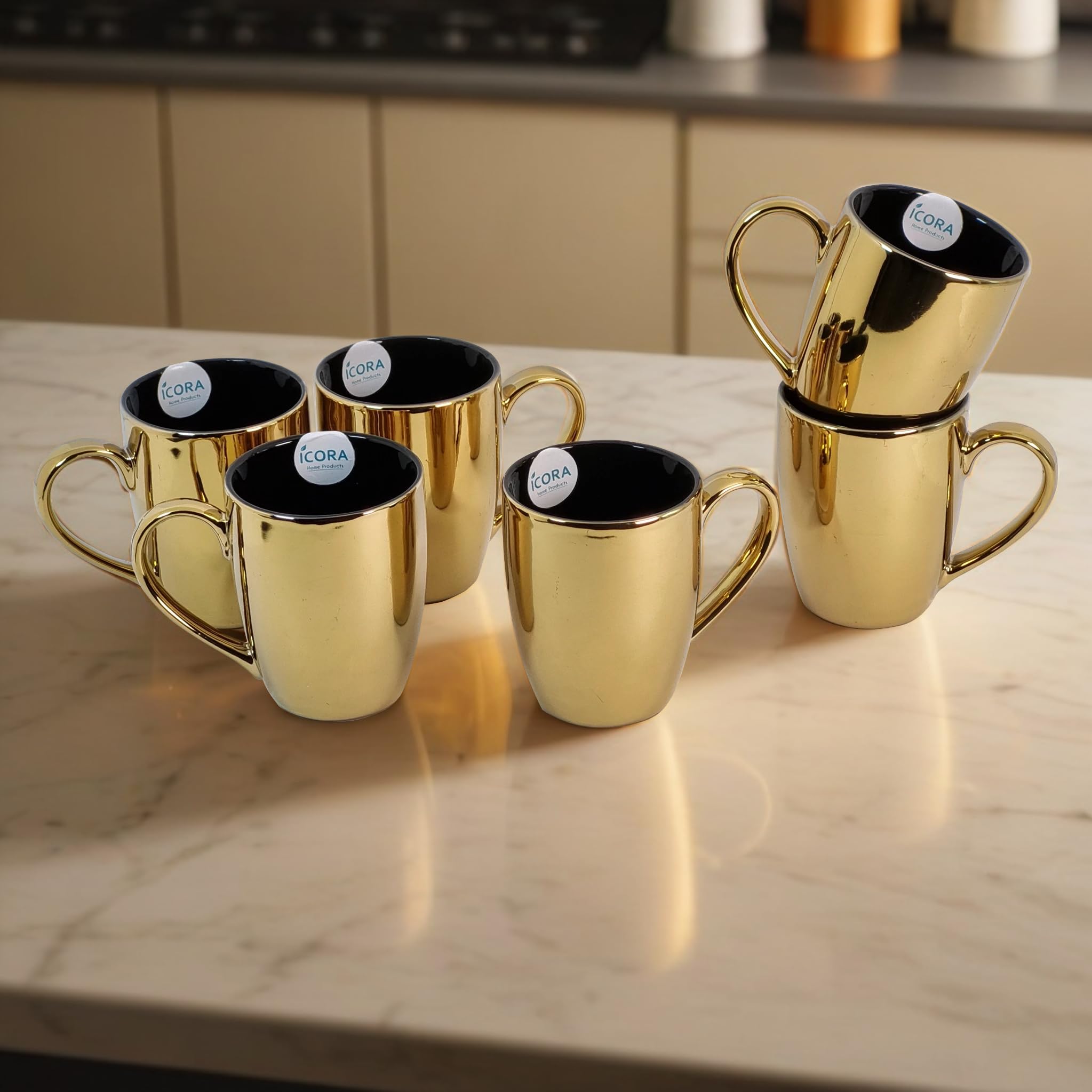 ICORA Large Gold Mug with Black Interior Glossy Ceramic Drinkware | Set of 1, 340 ML