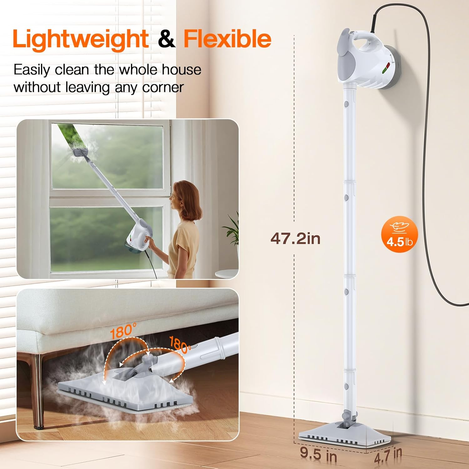 ScrubWiz 10-in-1 Steam Cleaner, Steam Mop & Detachable Handheld Steam Cleaner, 320ml Water Tank, 10s Fast Heating, Portable Steamer for Kitchen, Floor, Tiles, Window, BBQ Grill, Car, Bright White