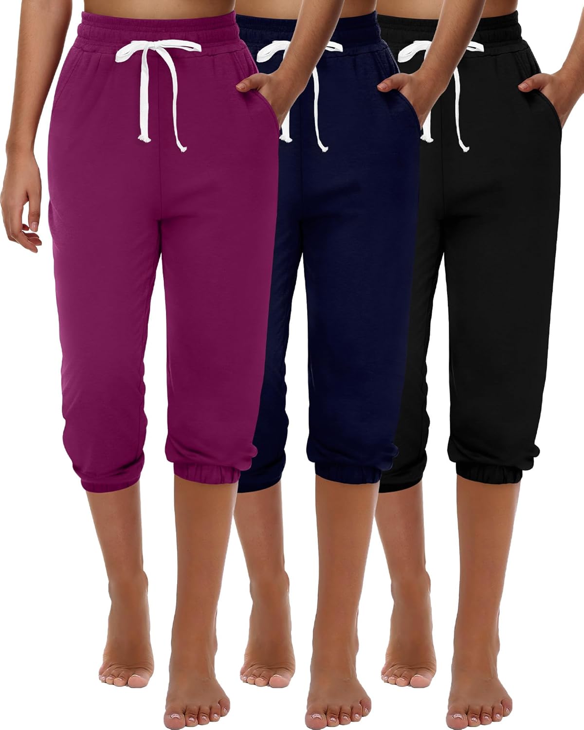Ficerd 3 Pcs Women's Capri Sweatpants Joggers Summer Casual Sports Cropped Lounge Pants High Waisted Athletic with Pockets